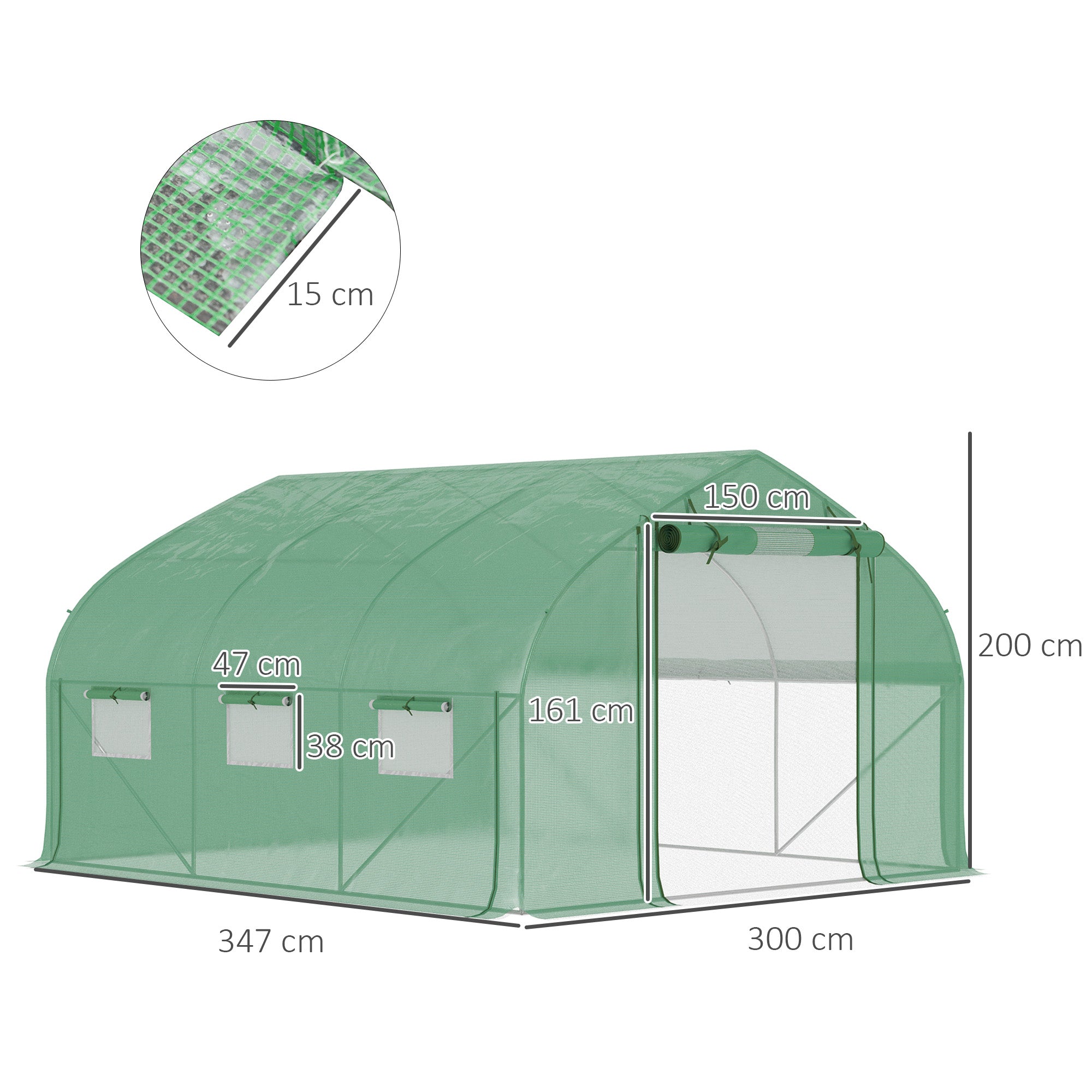 Outsunny Invernadero de Túnel 347x300x200 cm Invernadero de Jardín con Puerta Enrollable 6 Ventanas Cubierta PE 140g/m² Estructura de Acero Galvanizado para Cultivos Plantas Flores Verde