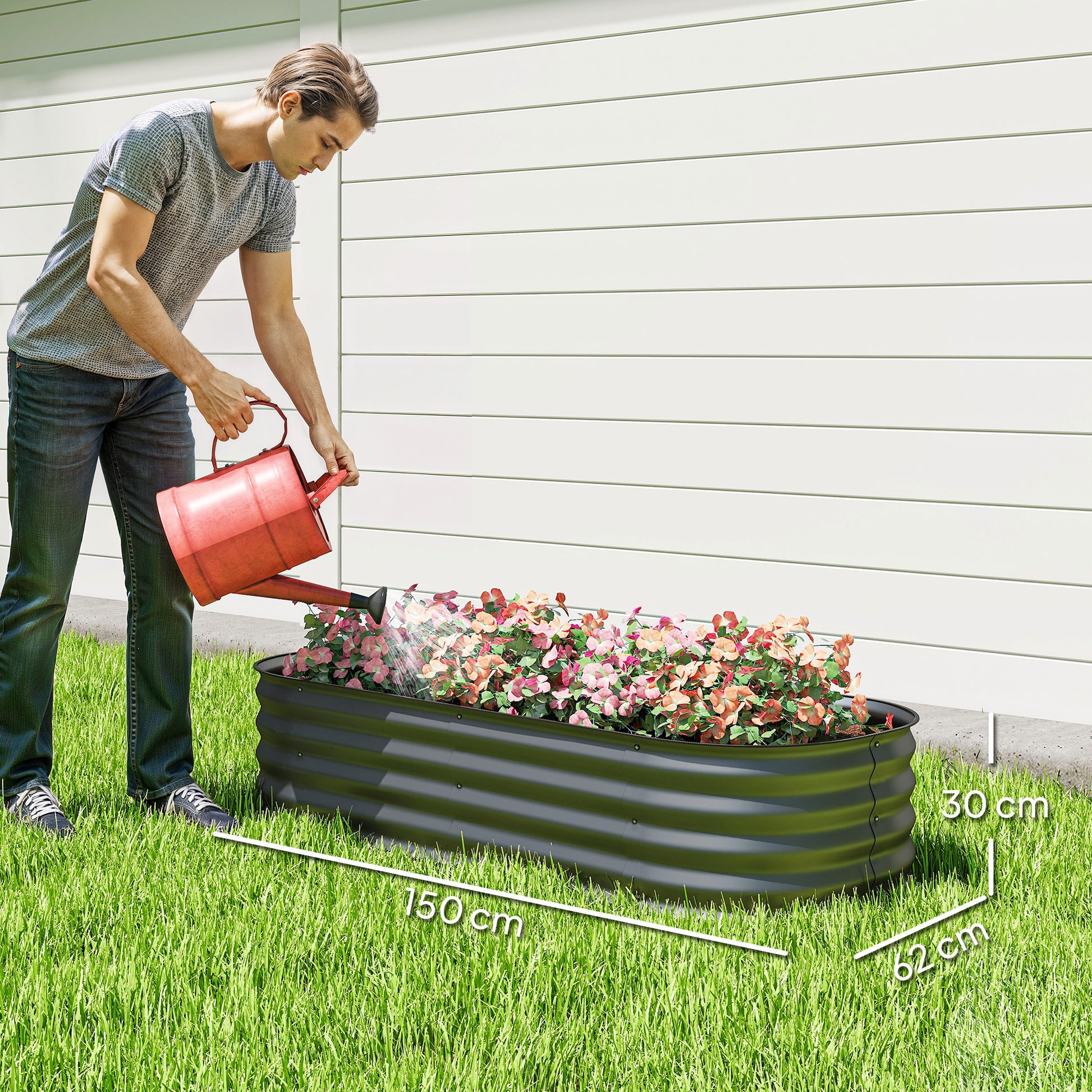 Outsunny Jardinera Exterior Grande de Acero Galvanizado, Huerto Urbano para Cultivar Plantas, Macetero Exterior con Bordes de Seguridad, Fácil Montaje, Resistente a la Intemperie, 150x62x30 cm, Gris