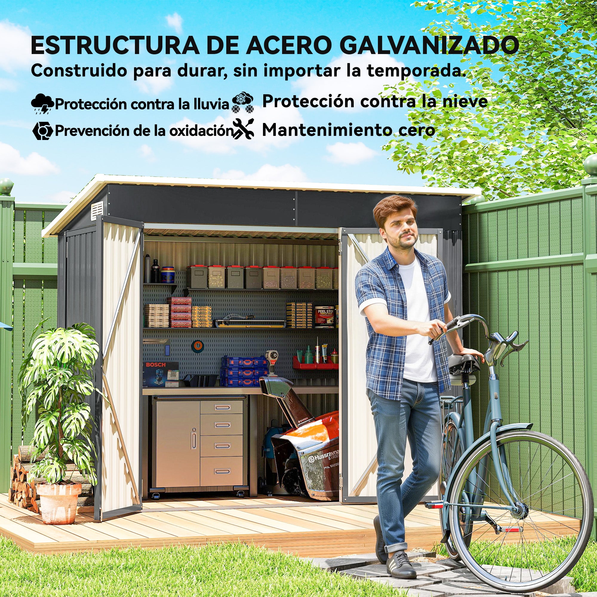 Outsunny Caseta de Jardín Exterior 2,7 m², 234x132x185 cm, Cobertizo de Jardín Exterior Metálico con Triple Puerta, Cerradura, Techo Inclinado y Ventilación para Almacenamiento de Herramientas, Gris