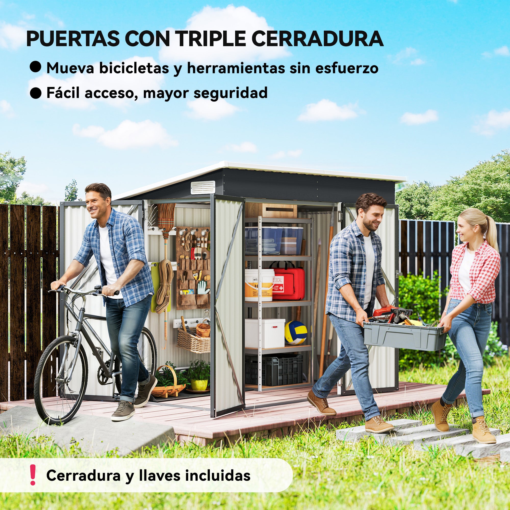 Outsunny Caseta de Jardín Exterior 2,7 m², 234x132x185 cm, Cobertizo de Jardín Exterior Metálico con Triple Puerta, Cerradura, Techo Inclinado y Ventilación para Almacenamiento de Herramientas, Gris