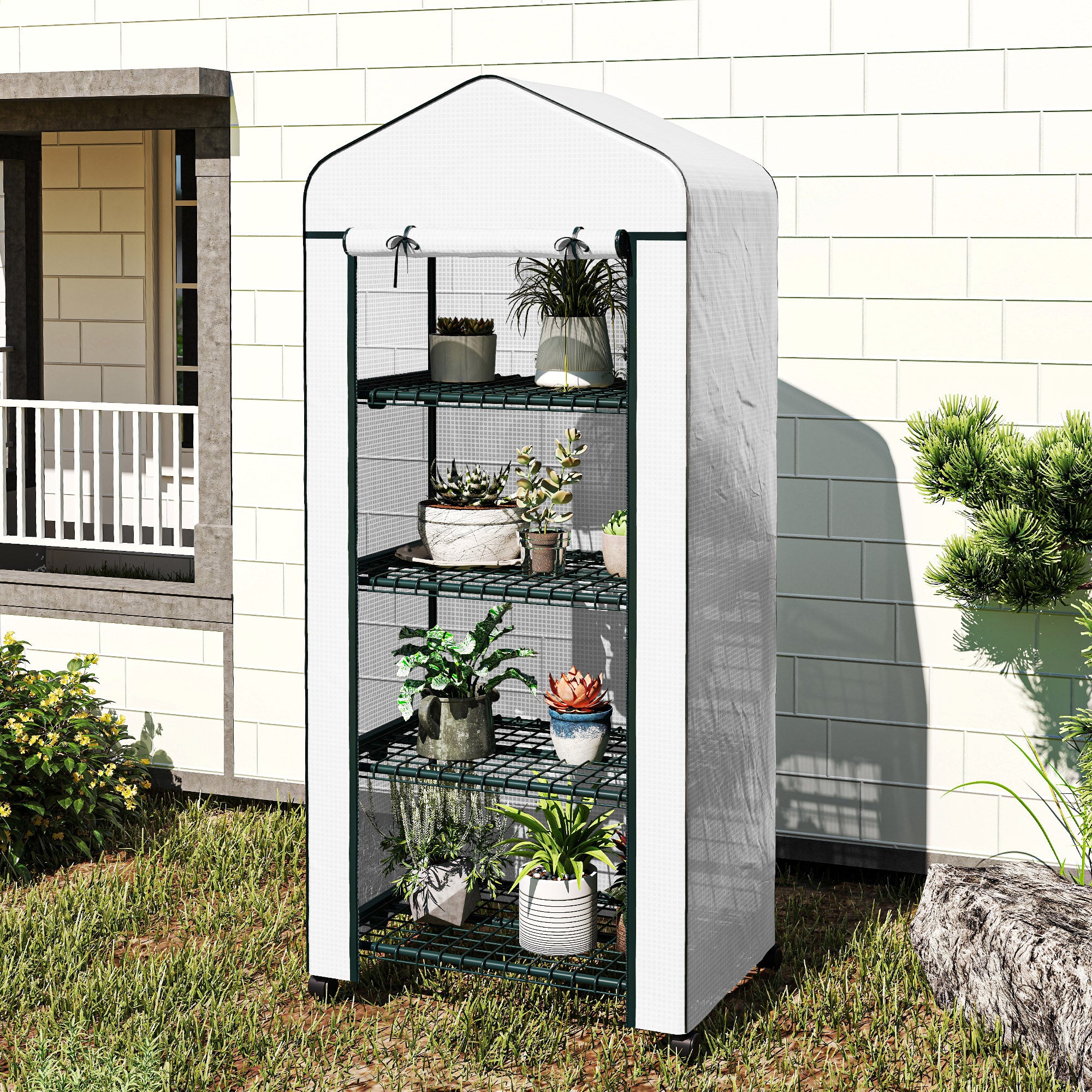 Outsunny Invernadero de Exterior con 4 Estantes y Ruedas, Invernadero Pequeño con Puerta Enrollable, Marco de Acero y Cubierta de PE 140g/㎡, Anti-UV para Plantas, Macetas, Flores, 70x50x165 cm, Blanco