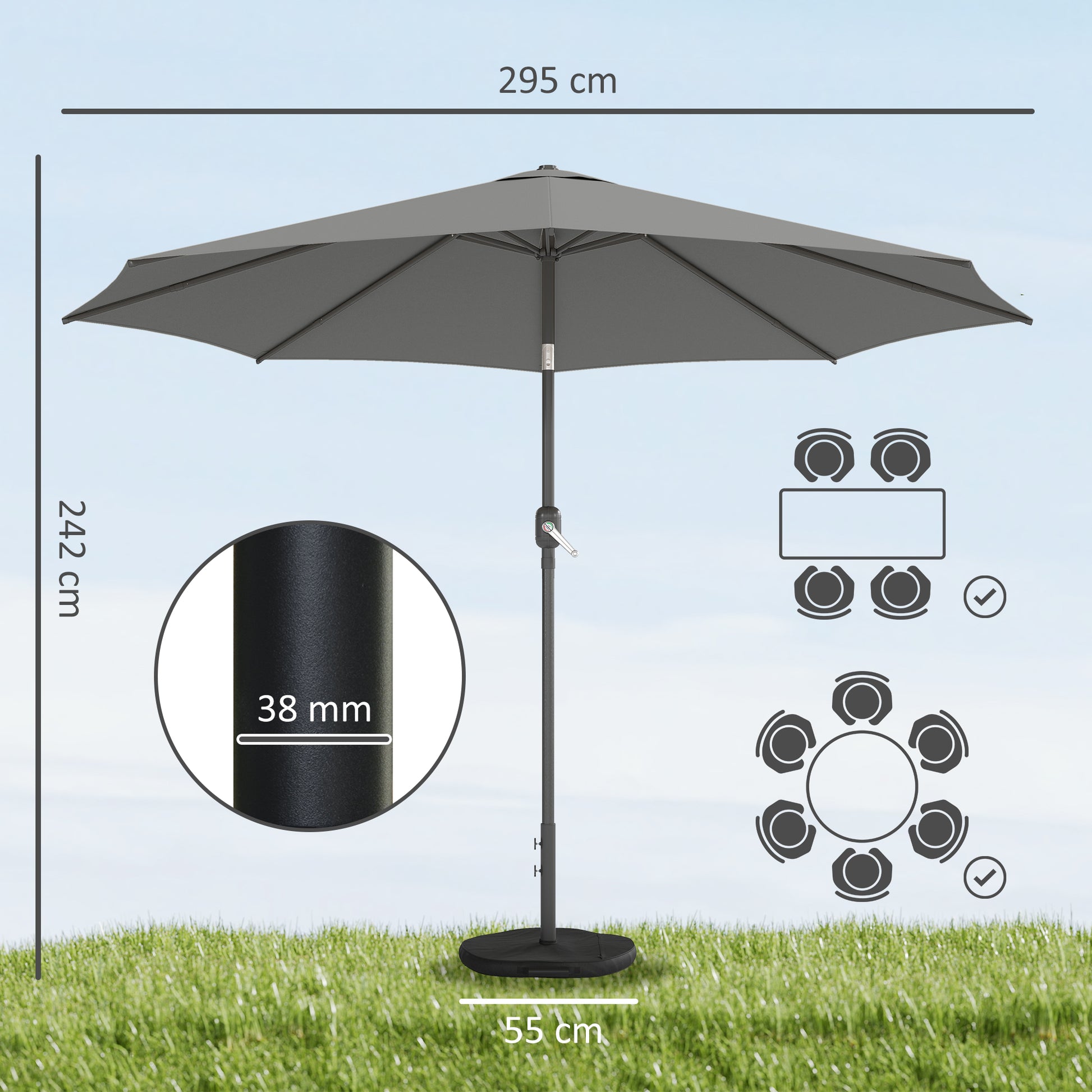 Outsunny Sombrilla Terraza Exterior, 3x3 m, Sombrilla de Jardín con Base, Bolsa de Arena, Manivela, Inclinación Ajustable, Costillas Retráctiles, Parasol para Patio, Terraza, Gris Oscuro