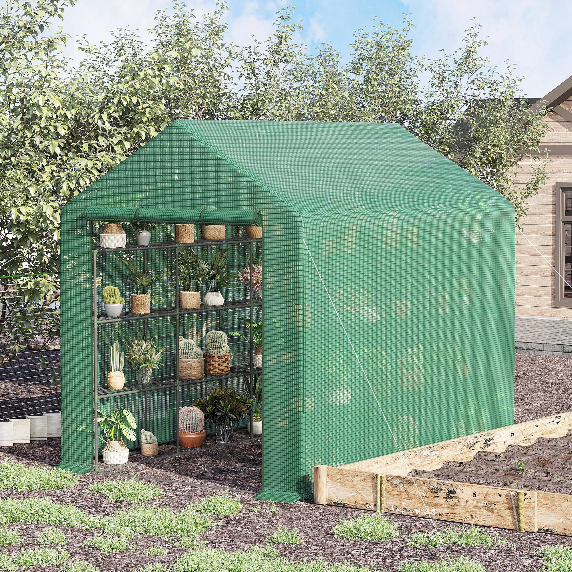 Outsunny Invernadero Pequeño Invernadero de Exterior con Estantes de 4 Niveles Puerta con Cremallera y Marco de Acero Invernadero para Cultivar Plantas Flores 244x180x210 cm Verde