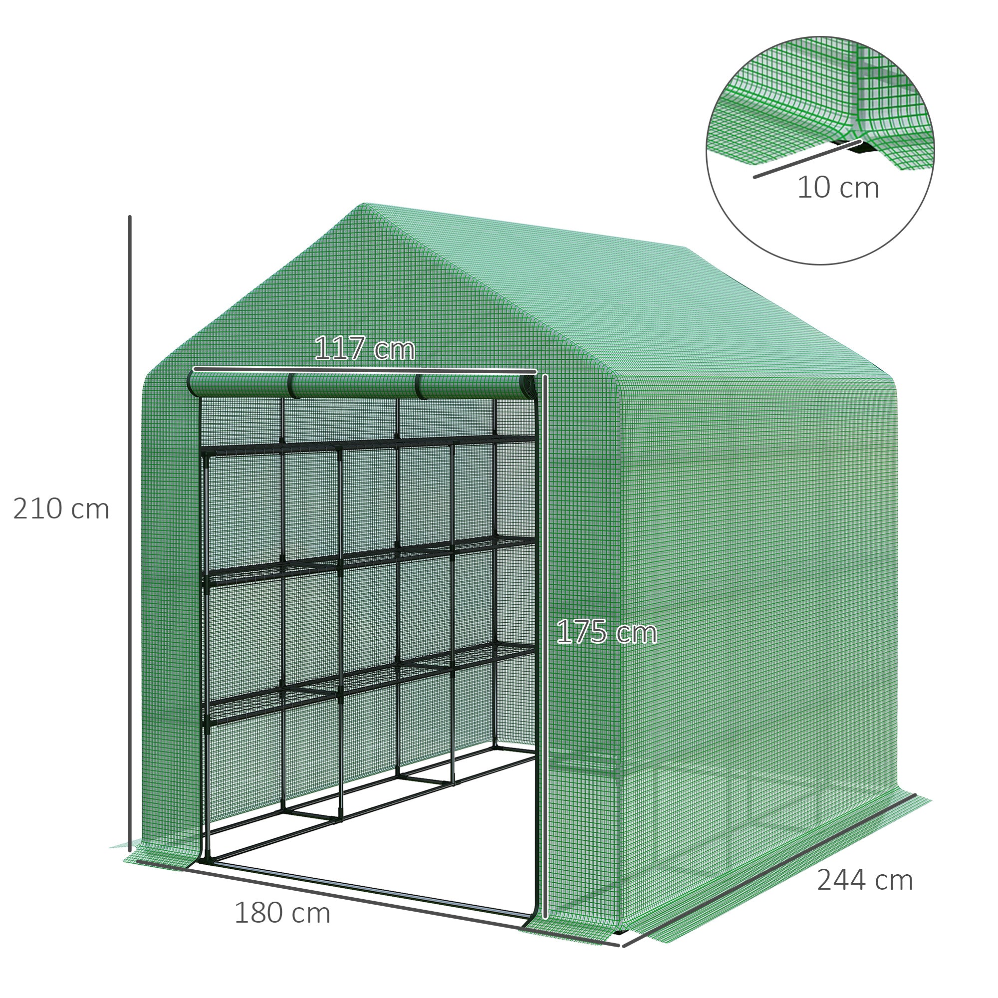 Outsunny Invernadero Pequeño Invernadero de Exterior con Estantes de 4 Niveles Puerta con Cremallera y Marco de Acero Invernadero para Cultivar Plantas Flores 244x180x210 cm Verde