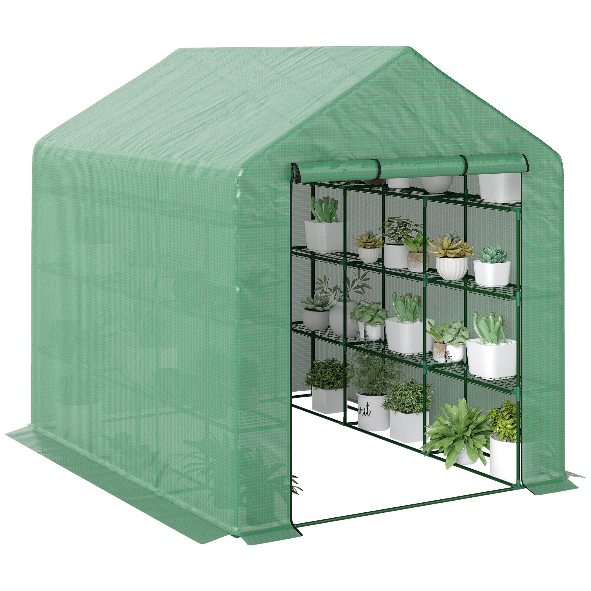 Outsunny Invernadero Pequeño Invernadero de Exterior con Estantes de 4 Niveles Puerta con Cremallera y Marco de Acero Invernadero para Cultivar Plantas Flores 244x180x210 cm Verde