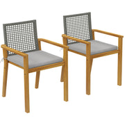Outsunny Juego de 2 Sillas de Jardín Exterior de Madera, Sillas de Jardín Apilables con Cojines Desmontables, Brazos, Respaldo de Ratán PE, Carga 160 kg, para Terraza, 59x55x86 cm, Madera Natural