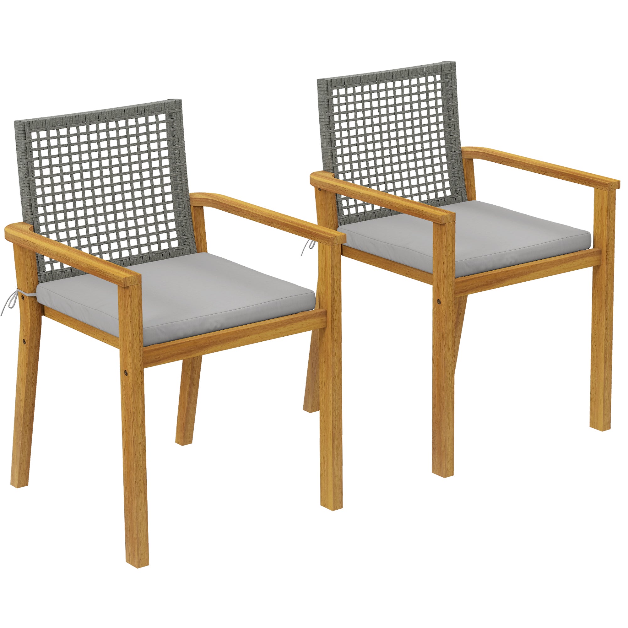 Outsunny Juego de 2 Sillas de Jardín Exterior de Madera, Sillas de Jardín Apilables con Cojines Desmontables, Brazos, Respaldo de Ratán PE, Carga 160 kg, para Terraza, 59x55x86 cm, Madera Natural