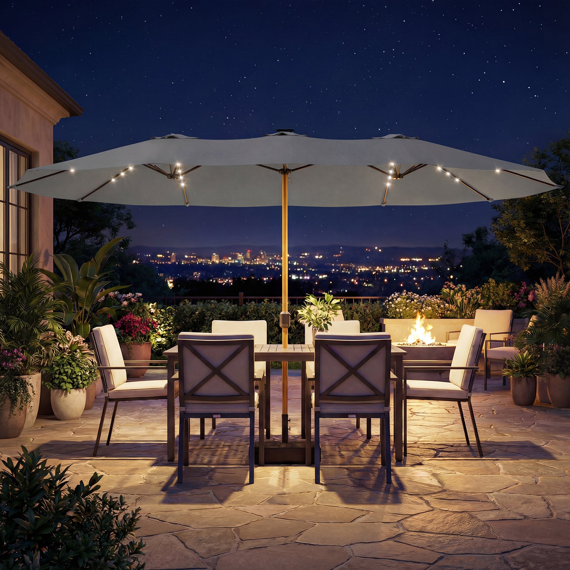 Outsunny Sombrilla Doble con 48 Luces LED, 4,6x2,6 m, Sombrilla Terraza Exterior con Base Incluida, Manivela, Sacos Arena, Funda, Anti-UV, Resistente al Agua, Parasol para Jardín, Terraza, Gris
