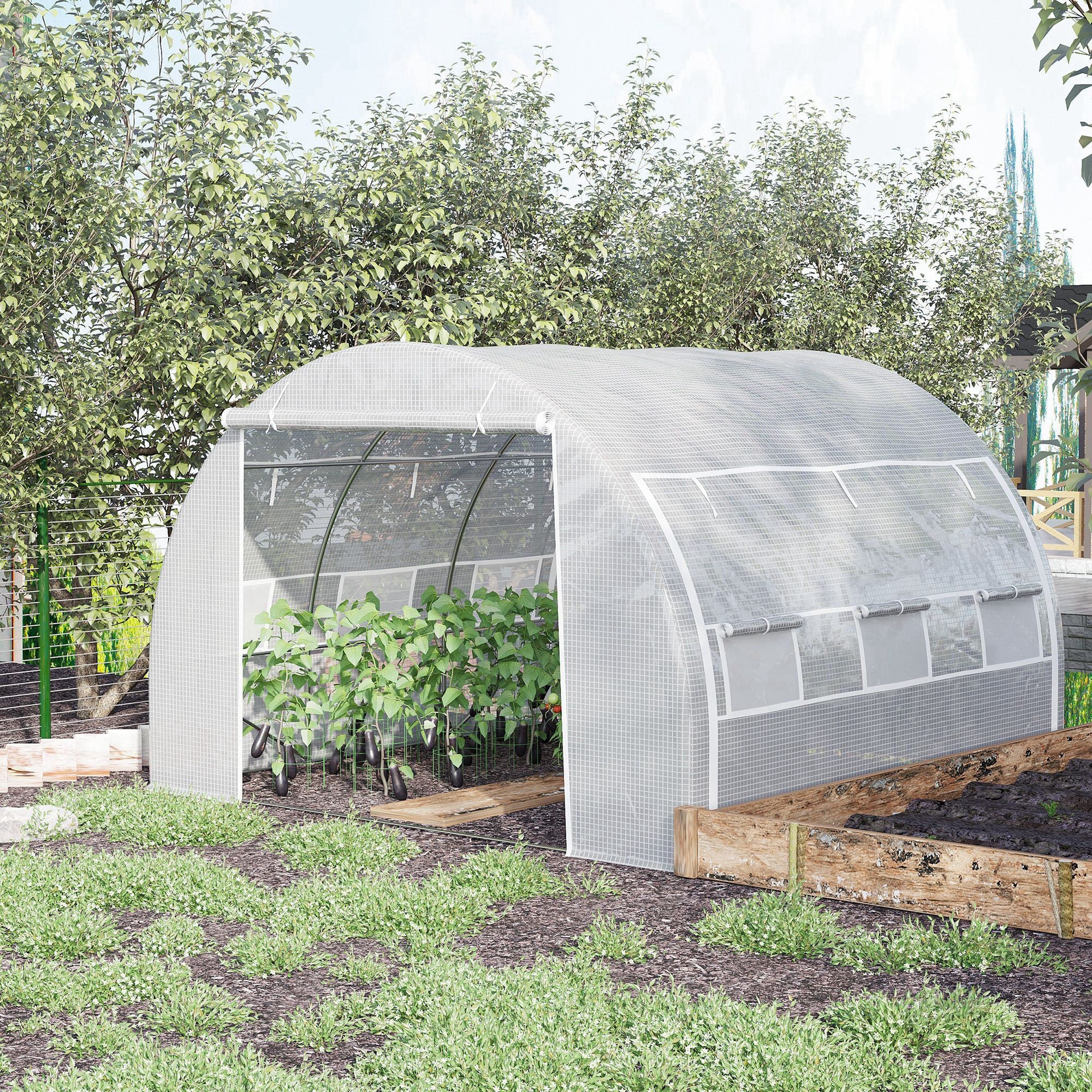 Outsunny Invernadero de Exterior 3x3x2 m Invernadero de Túnel con Puerta y 6 Ventanas de Malla Enrollables Invernadero de Huerto para Patio Jardín Blanco
