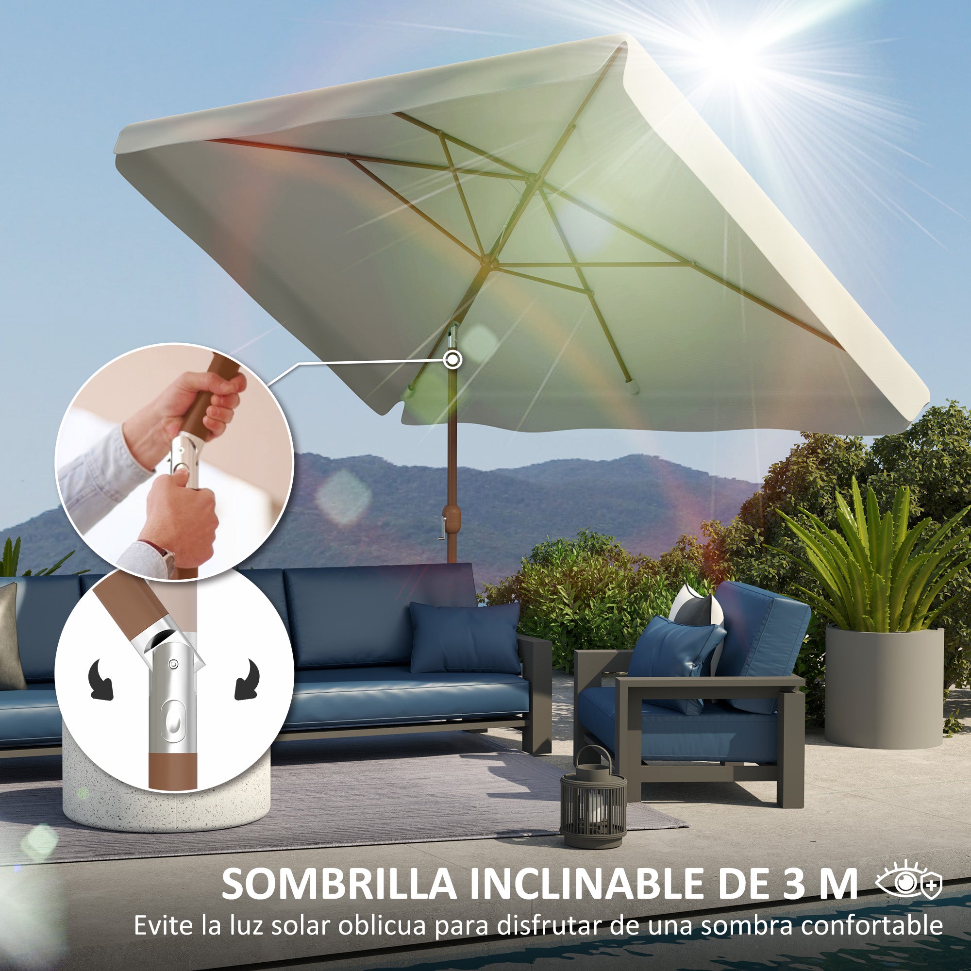 Outsunny Sombrilla de Terraza Exterior 300x200 cm Parasol de Terraza Exterior con Ángulo Ajustable Mástil de Aluminio Manivela y Protección UV 50+ Sombrilla para Jardín Patio Crema