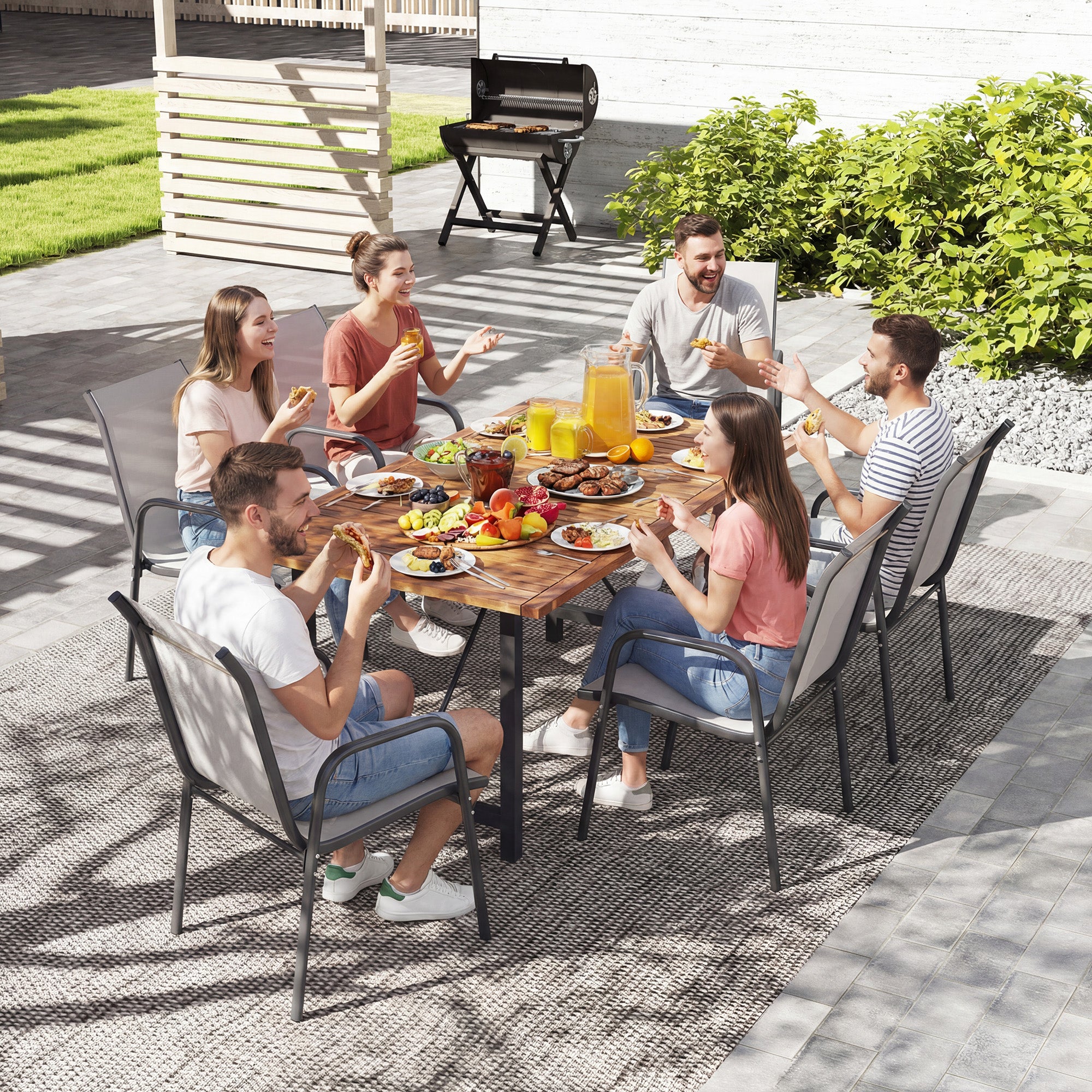 Outsunny Juego de 6 Sillas de Jardín Exterior Apilables, Sillas Terraza Exterior con Reposabrazos, Asiento y Respaldo de Malla Transpirable, Estructura Metálica Resistente, 51x69x87 cm, Gris Claro