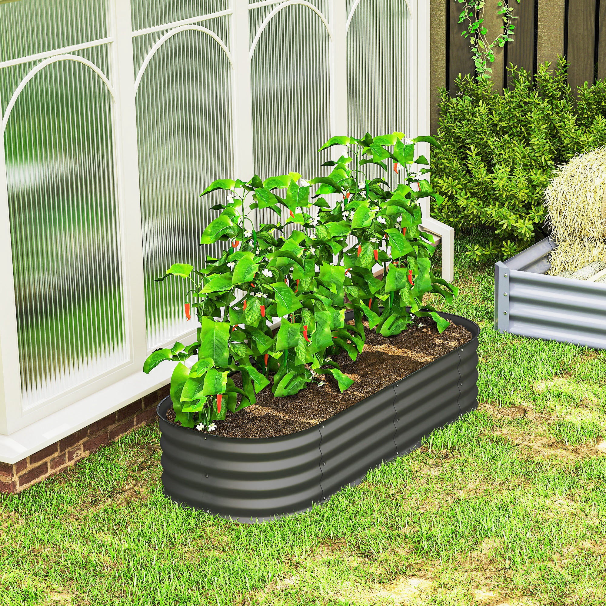 Outsunny Jardinera Exterior Grande de Acero Galvanizado, Huerto Urbano para Cultivar Plantas, Macetero Exterior con Bordes de Seguridad, Fácil Montaje, Resistente a la Intemperie, 150x62x30 cm, Gris