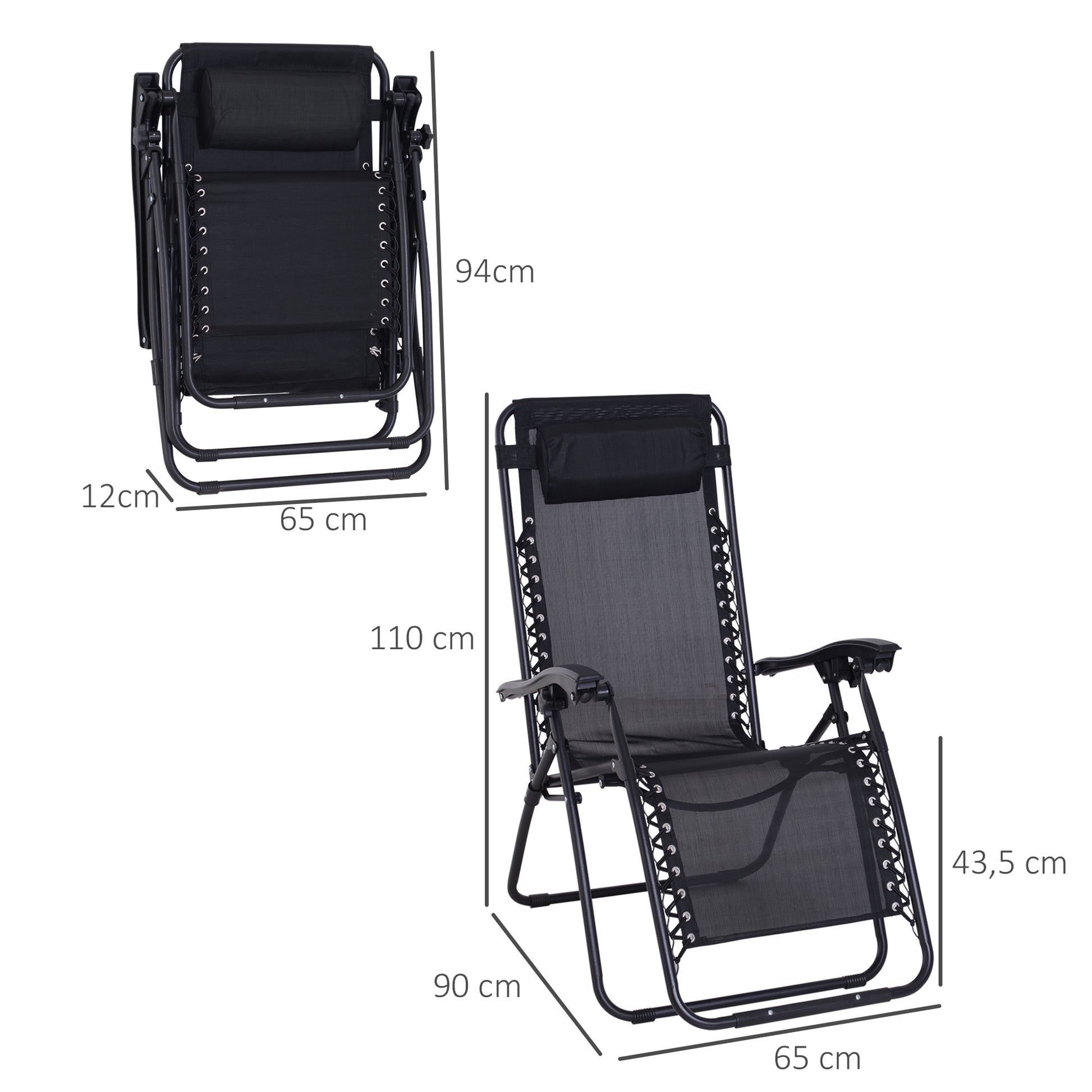Outsunny Tumbona Plegable de Jardín Silla Gravedad Cero Sillón de Playa Relajante Texteline Marco Acero Carga 120kg 90x65x110 cm Negro