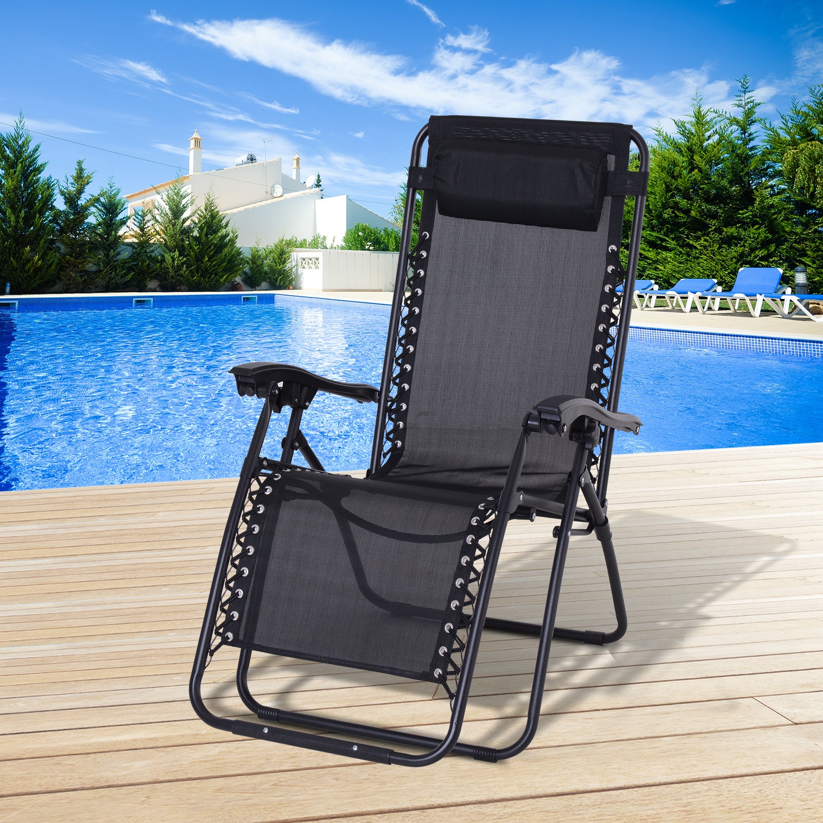 Outsunny Tumbona Plegable de Jardín Silla Gravedad Cero Sillón de Playa Relajante Texteline Marco Acero Carga 120kg 90x65x110 cm Negro