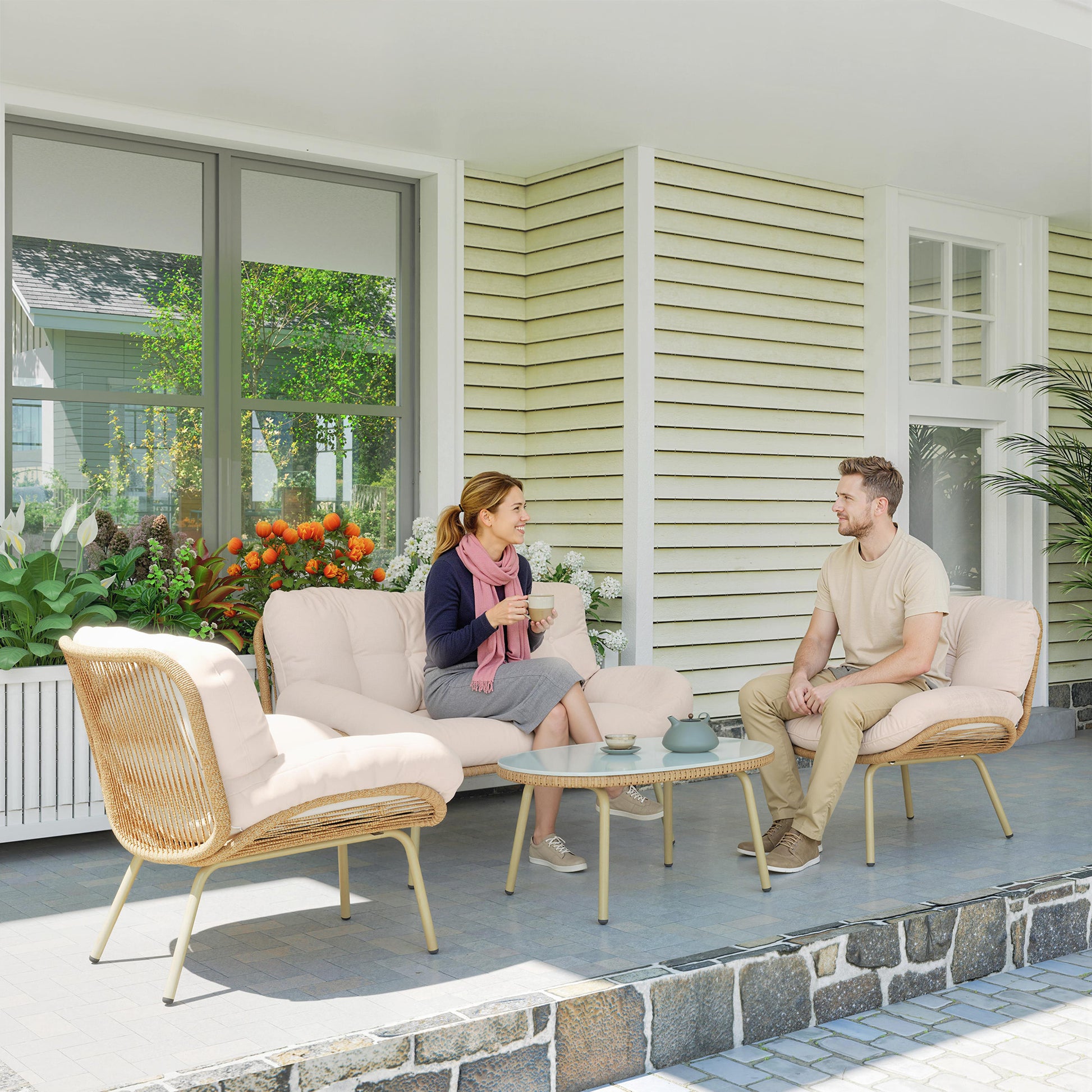 Outsunny Conjunto de Jardín Exterior de Ratán, Muebles Jardín Exterior 4 Piezas, con Cojines, Sofá Doble, 2 Sillones y Mesa de Centro de Cristal, Estructura de Metal, Beige