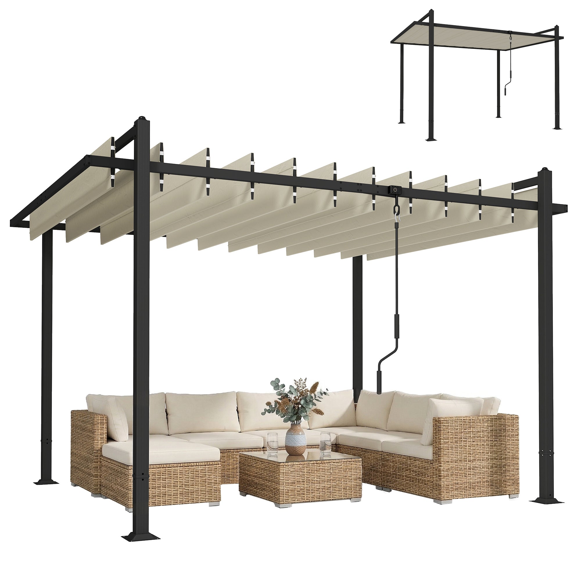 Outsunny Pérgola de Jardín 3x3,8 m, Cenador de Jardín con Techo de Lamas Ajustable a 90°, Manivela, Estructura de Aluminio y Acero, Protección UPF50+, Pabellón para Exterior, Patio, Terraza, Beige