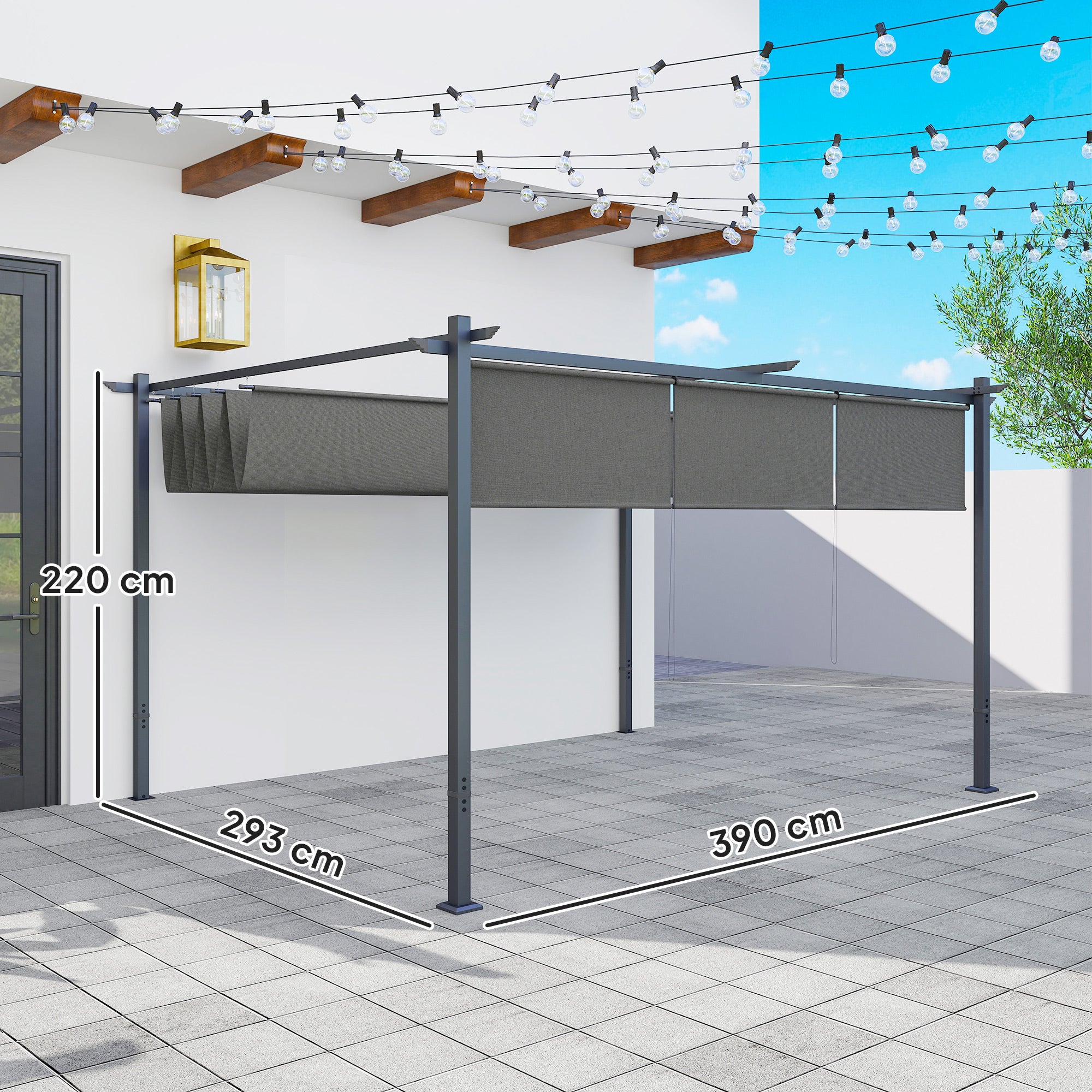 Outsunny Pérgola con Techo Retráctil Pérgola de 4x3 m Cenador de Pared o Independiente con Laterales Enrollables Protección UV30+ Pabellón para Jardín Patio Terraza Exterior Gris