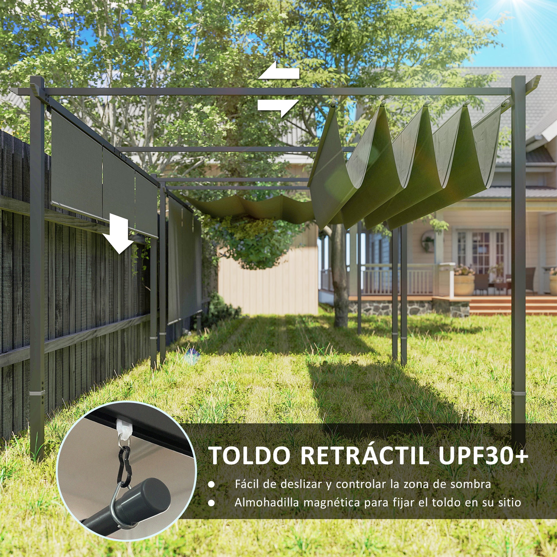 Outsunny Pérgola con Techo Retráctil Pérgola de 4x3 m Cenador de Pared o Independiente con Laterales Enrollables Protección UV30+ Pabellón para Jardín Patio Terraza Exterior Gris