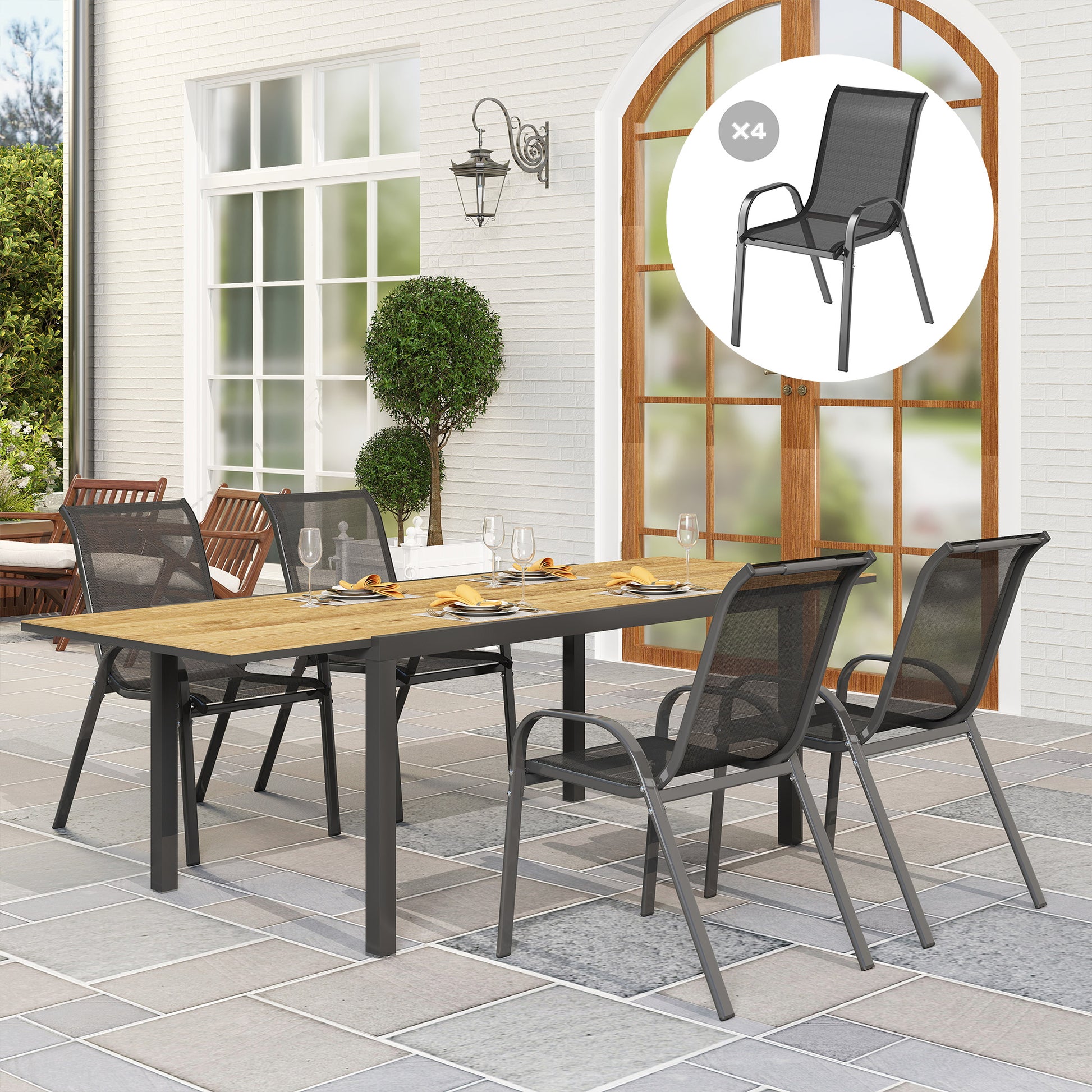 Outsunny Juego de 4 Sillas de Jardín Exterior Sillas Terraza Exterior Apilables Sillas de Jardín con Tela Transpirable Marco de Acero Reposabrazos y Respaldo 54x71x93 cm Negro