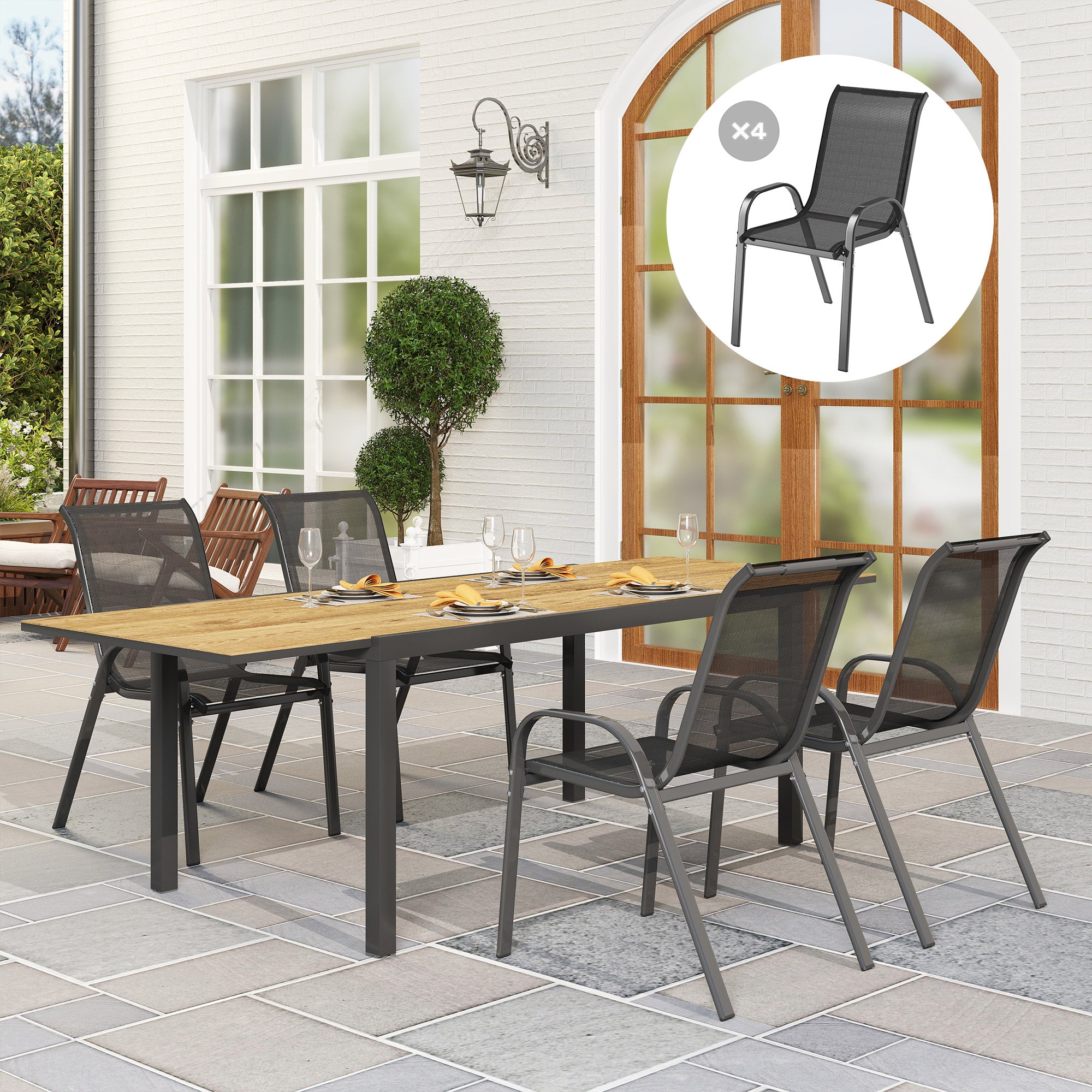 Outsunny Juego de 4 Sillas de Jardín Exterior Sillas Terraza Exterior Apilables Sillas de Jardín con Tela Transpirable Marco de Acero Reposabrazos y Respaldo 54x71x93 cm Negro