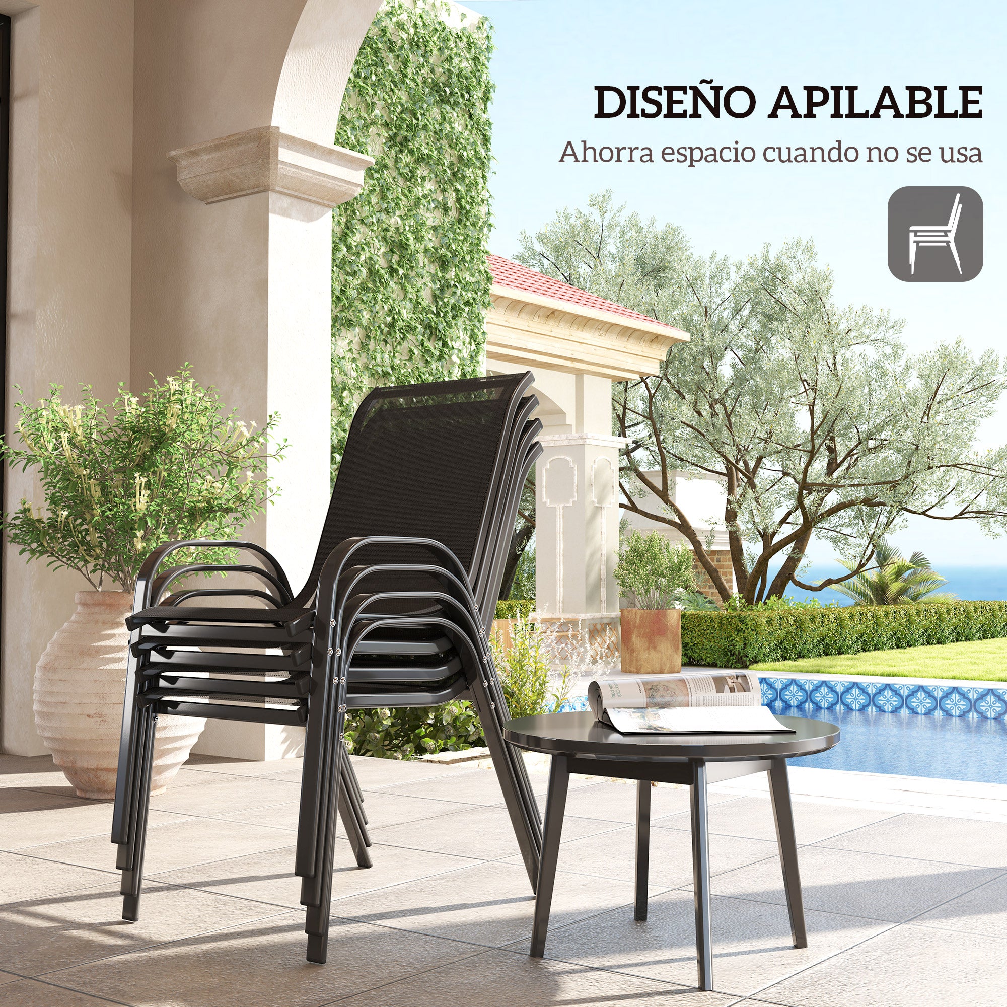 Outsunny Juego de 4 Sillas de Jardín Exterior Sillas Terraza Exterior Apilables Sillas de Jardín con Tela Transpirable Marco de Acero Reposabrazos y Respaldo 54x71x93 cm Negro