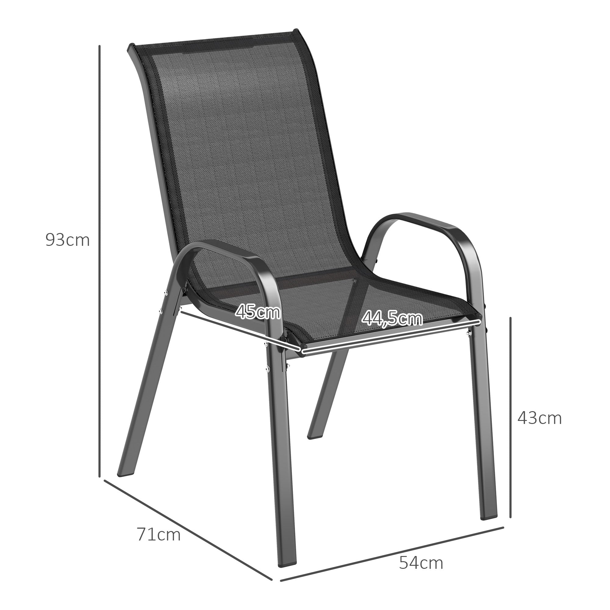 Outsunny Juego de 4 Sillas de Jardín Exterior Sillas Terraza Exterior Apilables Sillas de Jardín con Tela Transpirable Marco de Acero Reposabrazos y Respaldo 54x71x93 cm Negro