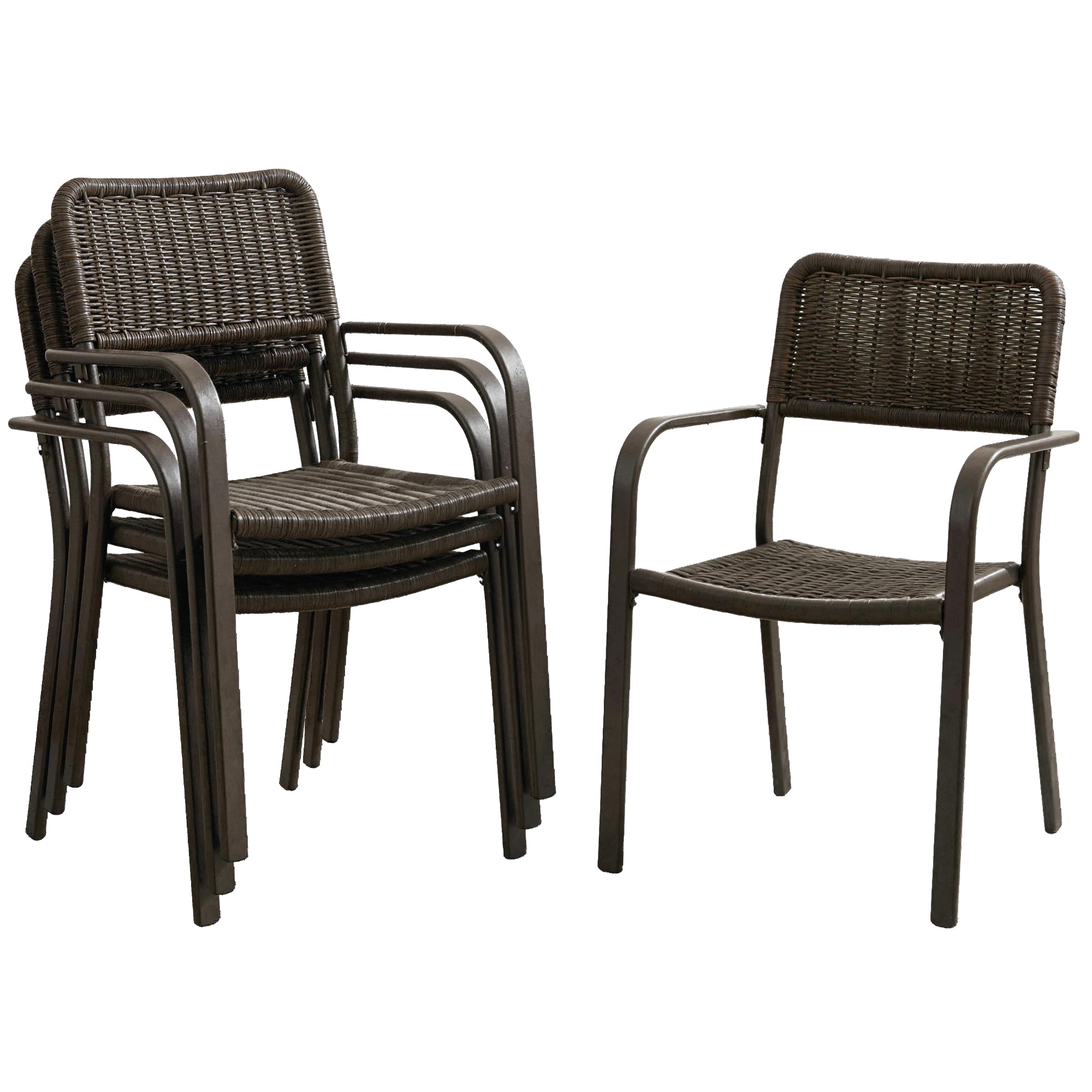 Outsunny Juego de 4 Sillas de Jardín Exterior Apilables, Sillas de Comedor Exterior Efecto Ratán, con Reposabrazos, Marco de Acero, Resistente a la Intemperie y Ligero, 55x60x83 cm, Marrón Oscuro