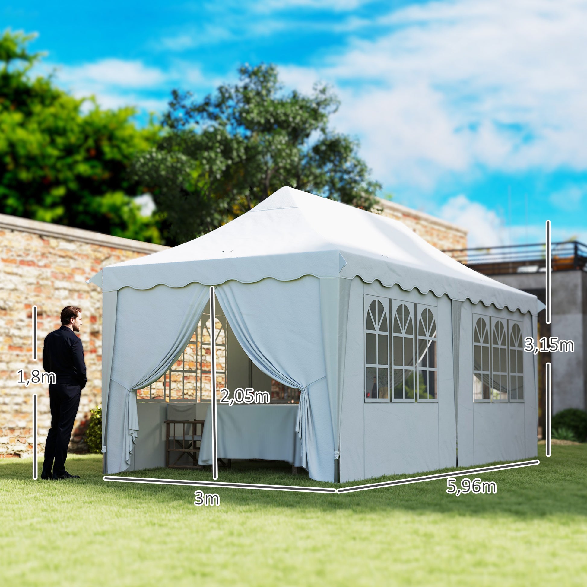 Outsunny Carpa Plegable Pop-up Gazebo 6x3x3,15 m Cenador Plegable con 6 Paredes Laterales Anti-UV Altura Ajustable Bolsa de Arena y Bolsa de Transporte para Camping Fiestas Blanco