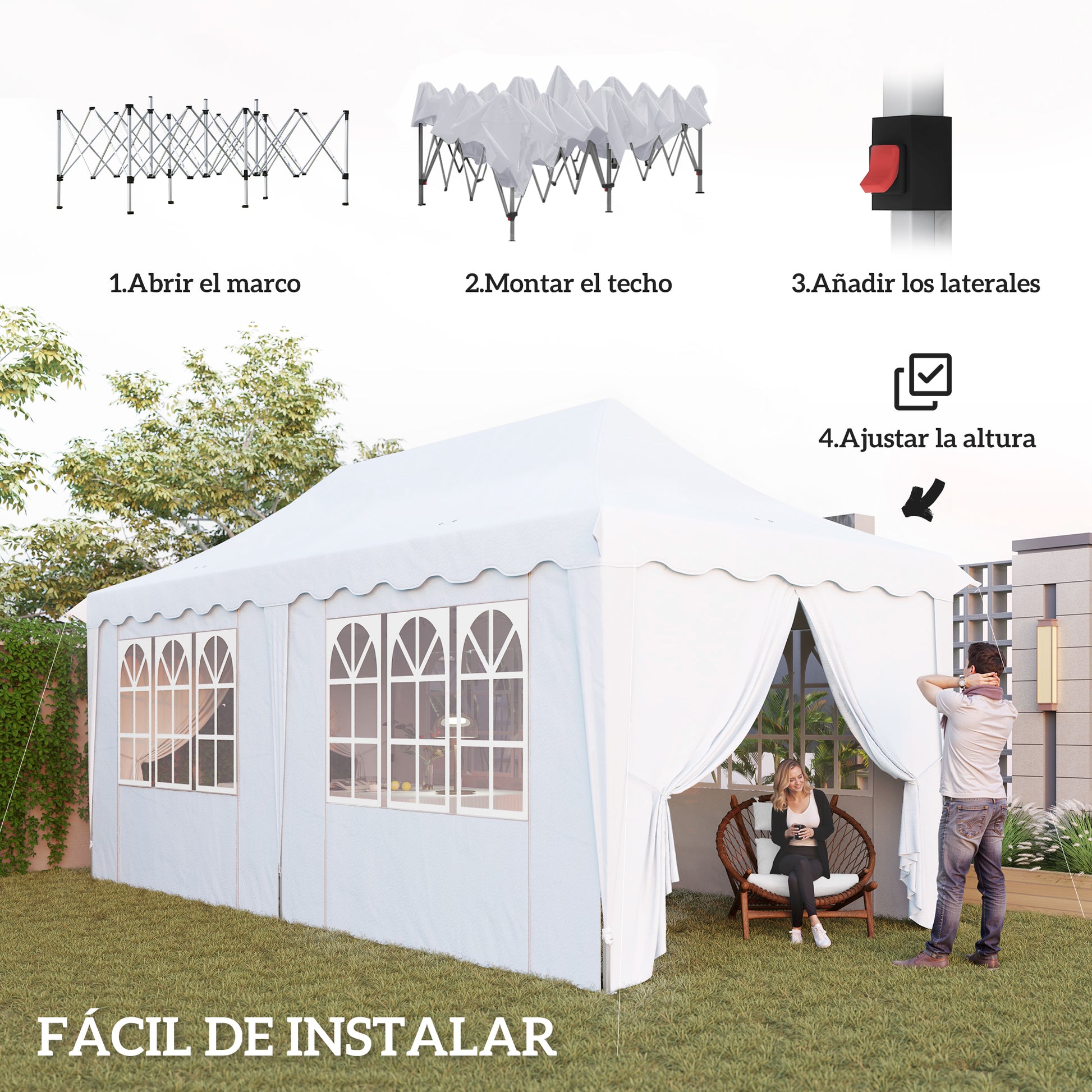 Outsunny Carpa Plegable Pop-up Gazebo 6x3x3,15 m Cenador Plegable con 6 Paredes Laterales Anti-UV Altura Ajustable Bolsa de Arena y Bolsa de Transporte para Camping Fiestas Blanco