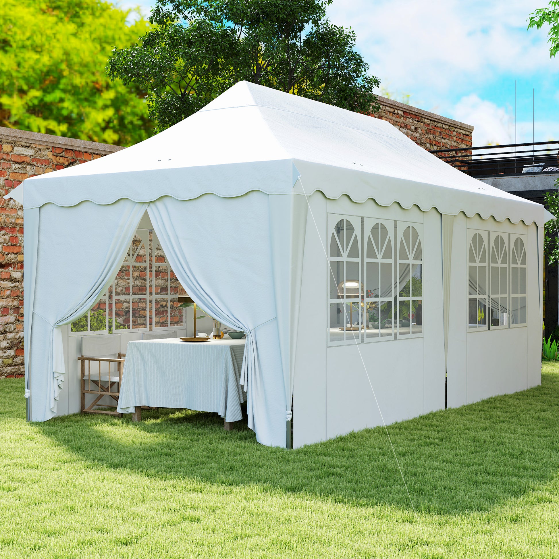 Outsunny Carpa Plegable Pop-up Gazebo 6x3x3,15 m Cenador Plegable con 6 Paredes Laterales Anti-UV Altura Ajustable Bolsa de Arena y Bolsa de Transporte para Camping Fiestas Blanco