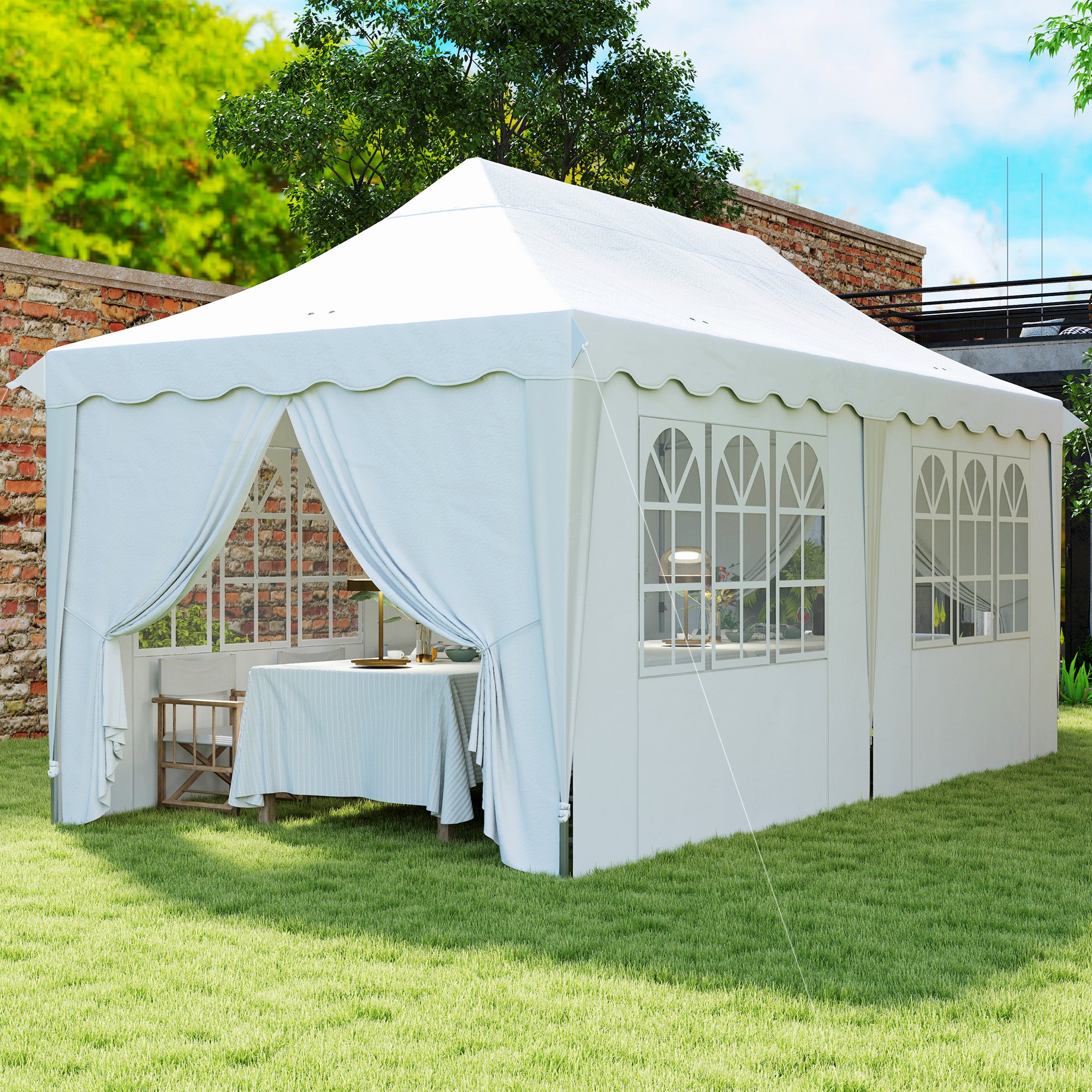 Outsunny Carpa Plegable Pop-up Gazebo 6x3x3,15 m Cenador Plegable con 6 Paredes Laterales Anti-UV Altura Ajustable Bolsa de Arena y Bolsa de Transporte para Camping Fiestas Blanco
