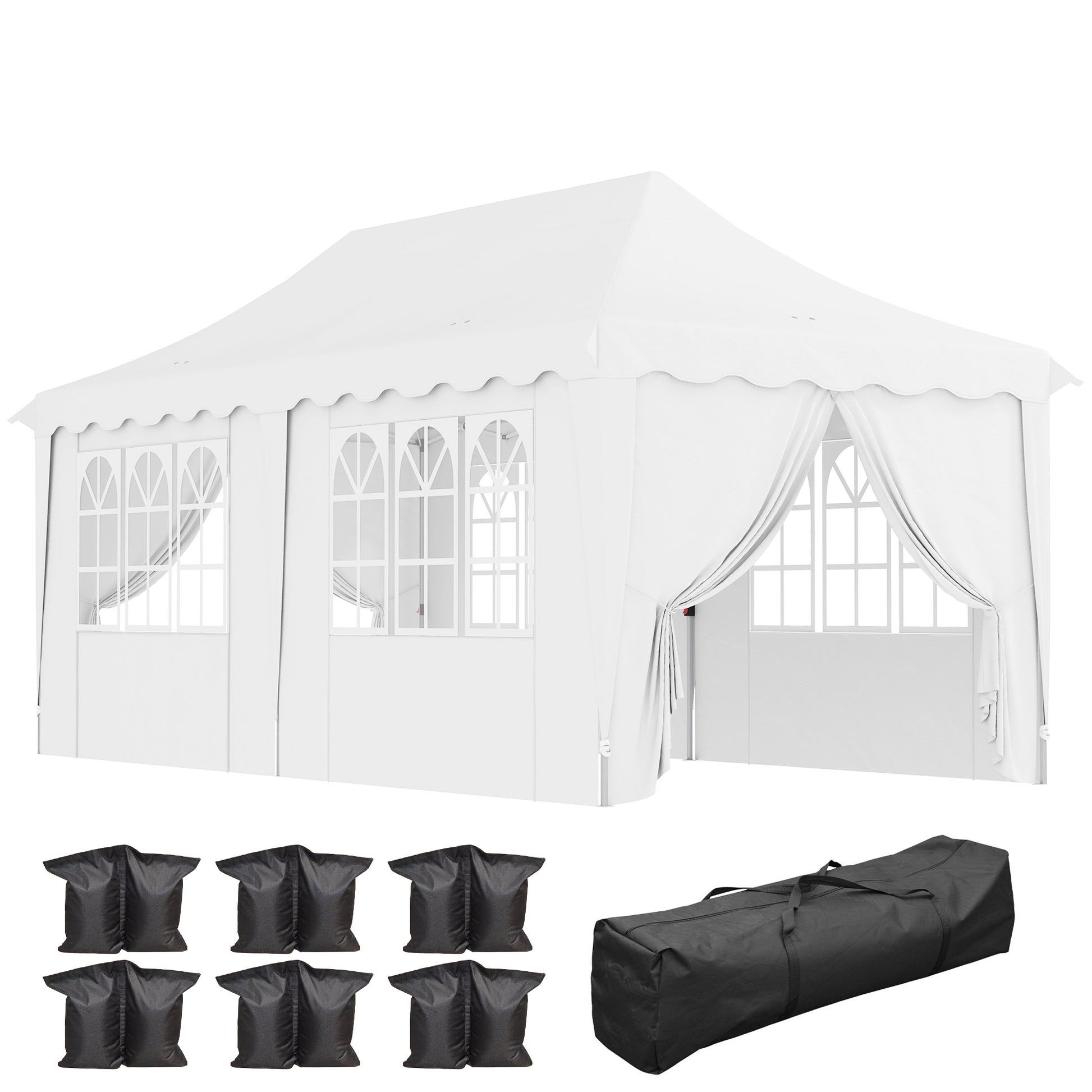 Outsunny Carpa Plegable Pop-up Gazebo 6x3x3,15 m Cenador Plegable con 6 Paredes Laterales Anti-UV Altura Ajustable Bolsa de Arena y Bolsa de Transporte para Camping Fiestas Blanco