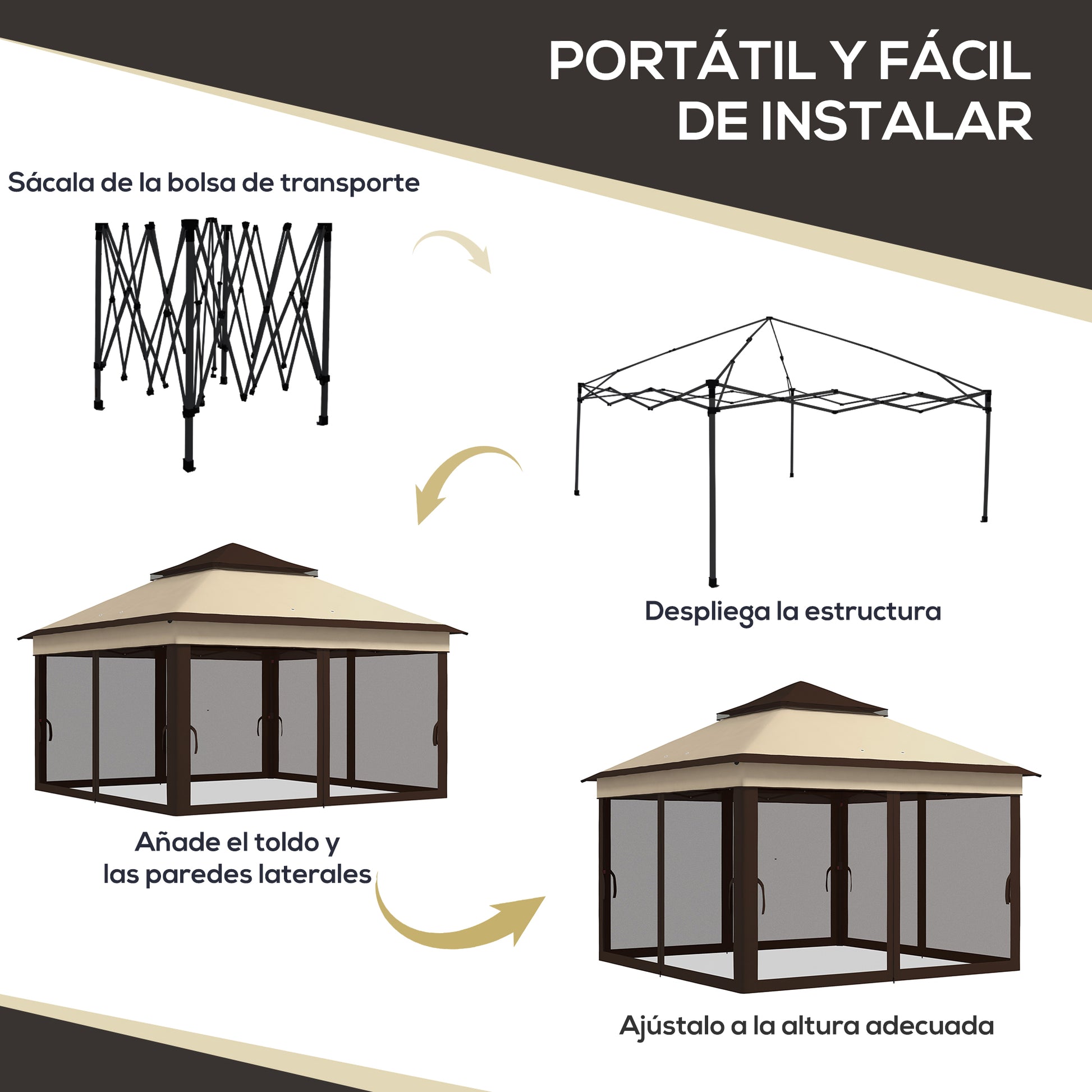 Outsunny Carpa Plegable 3x3x2,7 m Cenador de Jardín con Doble Techo Altura Ajustable 4 Mosquiteras Protección UV30+ Impermeable y Bolsa Gazebo para Exterior Fiestas Camping Beige y Café