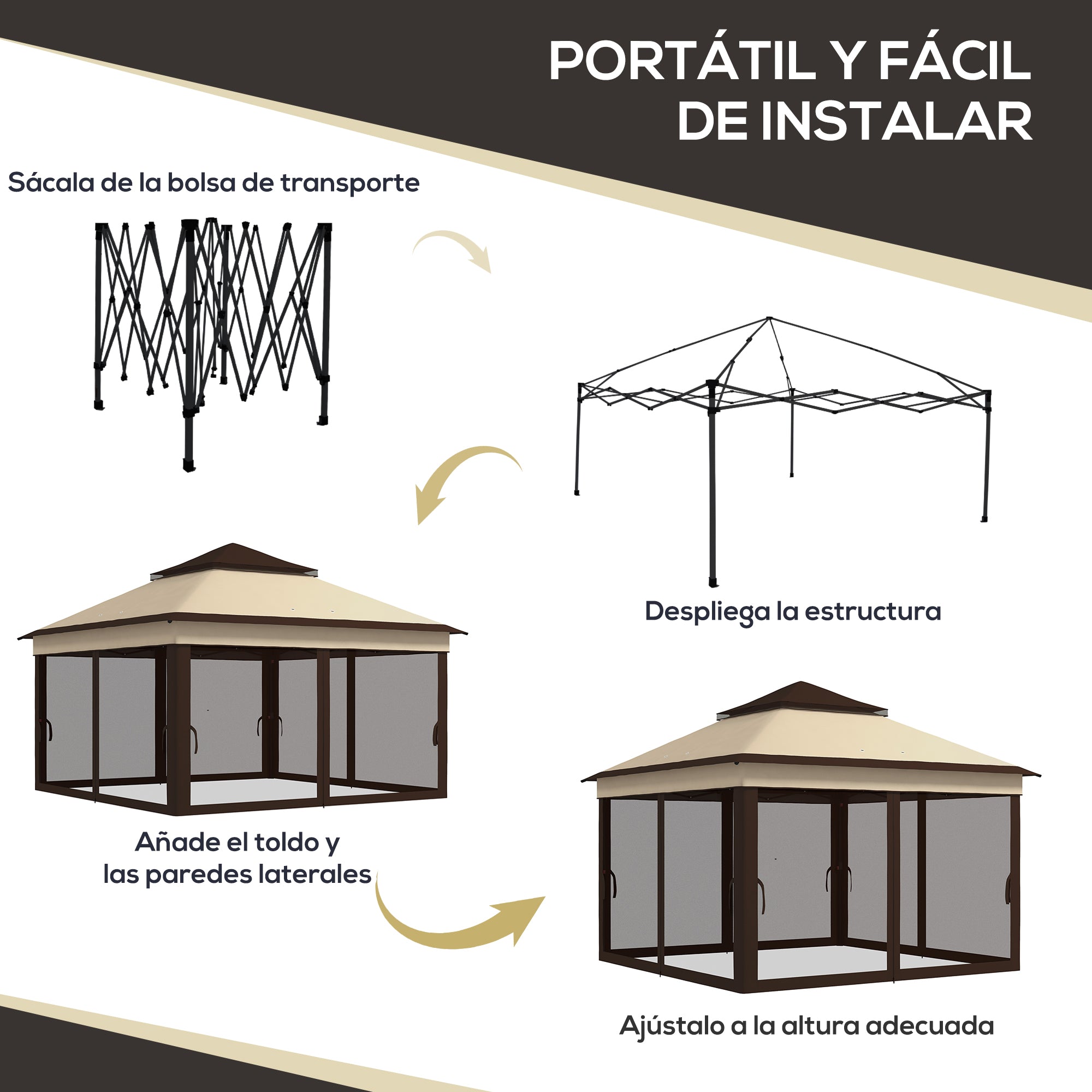 Outsunny Carpa Plegable 3x3x2,7 m Cenador de Jardín con Doble Techo Altura Ajustable 4 Mosquiteras Protección UV30+ Impermeable y Bolsa Gazebo para Exterior Fiestas Camping Beige y Café