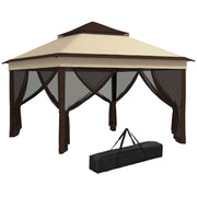 Outsunny Carpa Plegable 3x3x2,7 m Cenador de Jardín con Doble Techo Altura Ajustable 4 Mosquiteras Protección UV30+ Impermeable y Bolsa Gazebo para Exterior Fiestas Camping Beige y Café