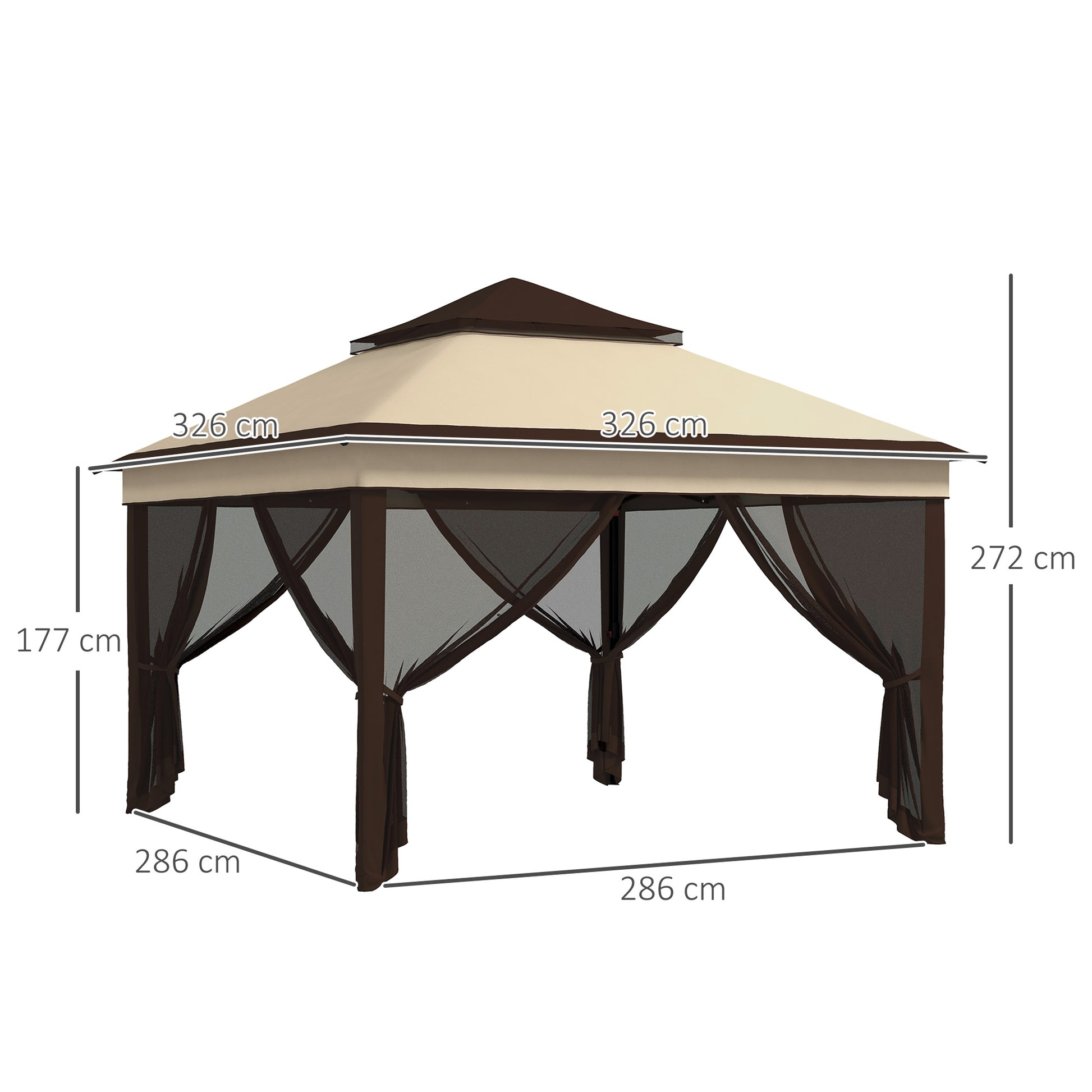 Outsunny Carpa Plegable 3x3x2,7 m Cenador de Jardín con Doble Techo Altura Ajustable 4 Mosquiteras Protección UV30+ Impermeable y Bolsa Gazebo para Exterior Fiestas Camping Beige y Café