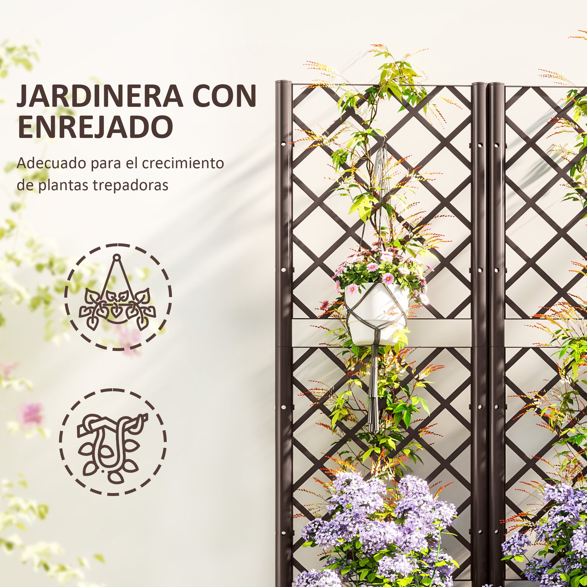 Outsunny Jardinera con Enrejado de PP Jardinera Exterior Grande con Ofricios de Drenaje y Reservorios de Agua para Plantas Trepadoras Macetero con Soporte para Jardín Patio Terraza 80x40x135 cm Marrón