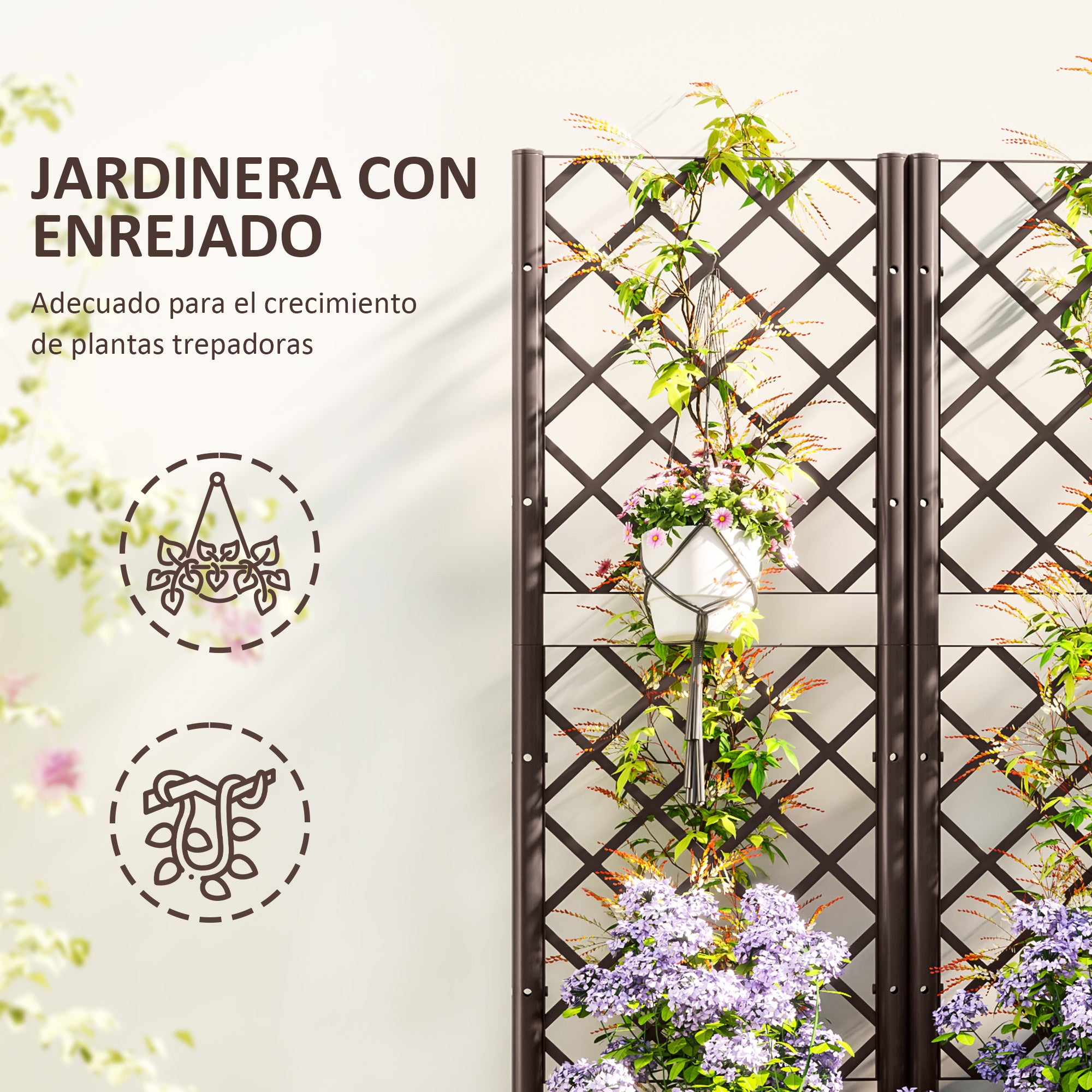 Outsunny Jardinera con Enrejado de PP Jardinera Exterior Grande con Ofricios de Drenaje y Reservorios de Agua para Plantas Trepadoras Macetero con Soporte para Jardín Patio Terraza 80x40x135 cm Marrón