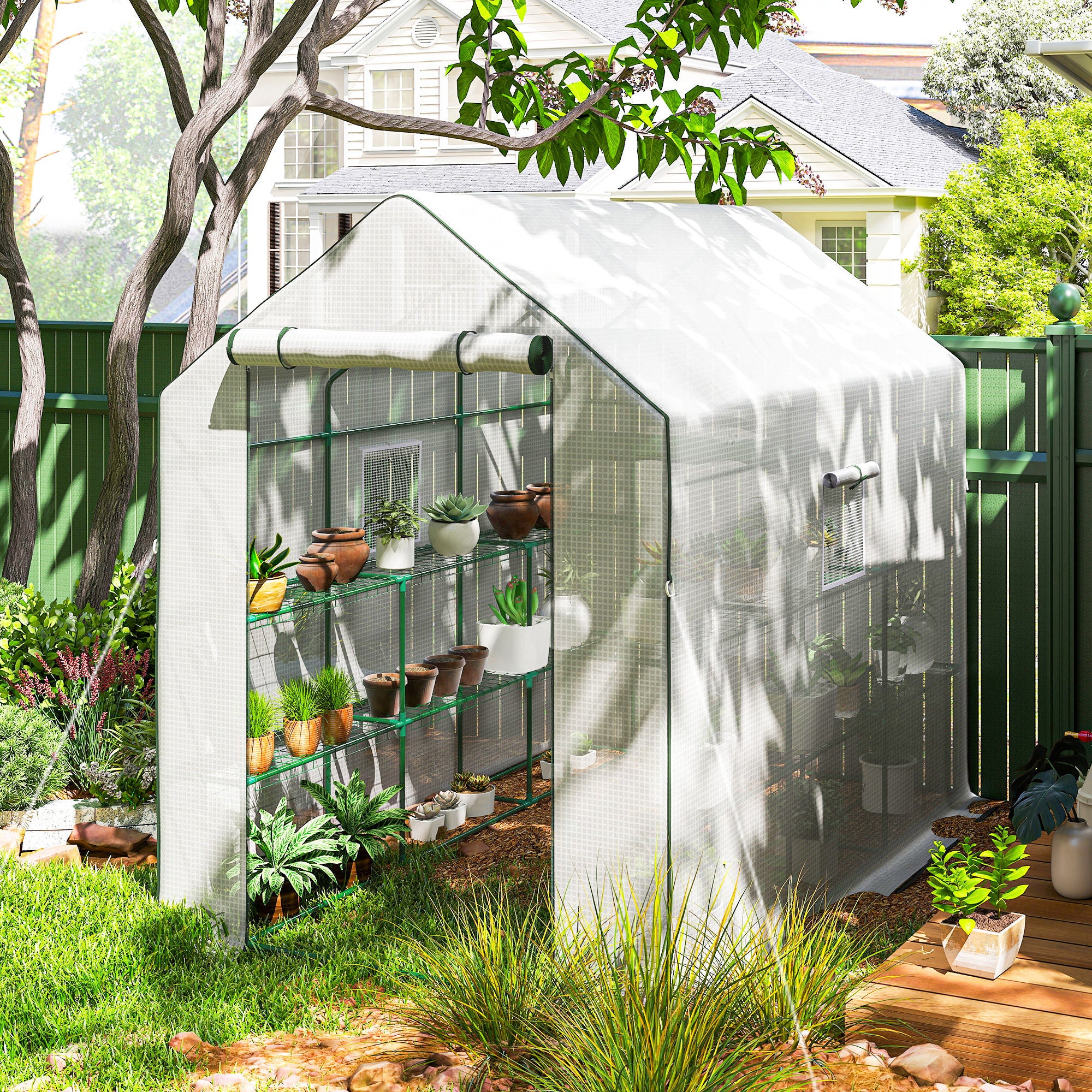 Outsunny Invernadero de Jardín de 3 Niveles, Invernadero de Exterior con 12 Estantes, Puerta Enrollable, Ventanas, Anti-UV, Cubierta de PE 135g/m² para Cultivos, Plantas, Flores, 140x213x190 cm Blanco
