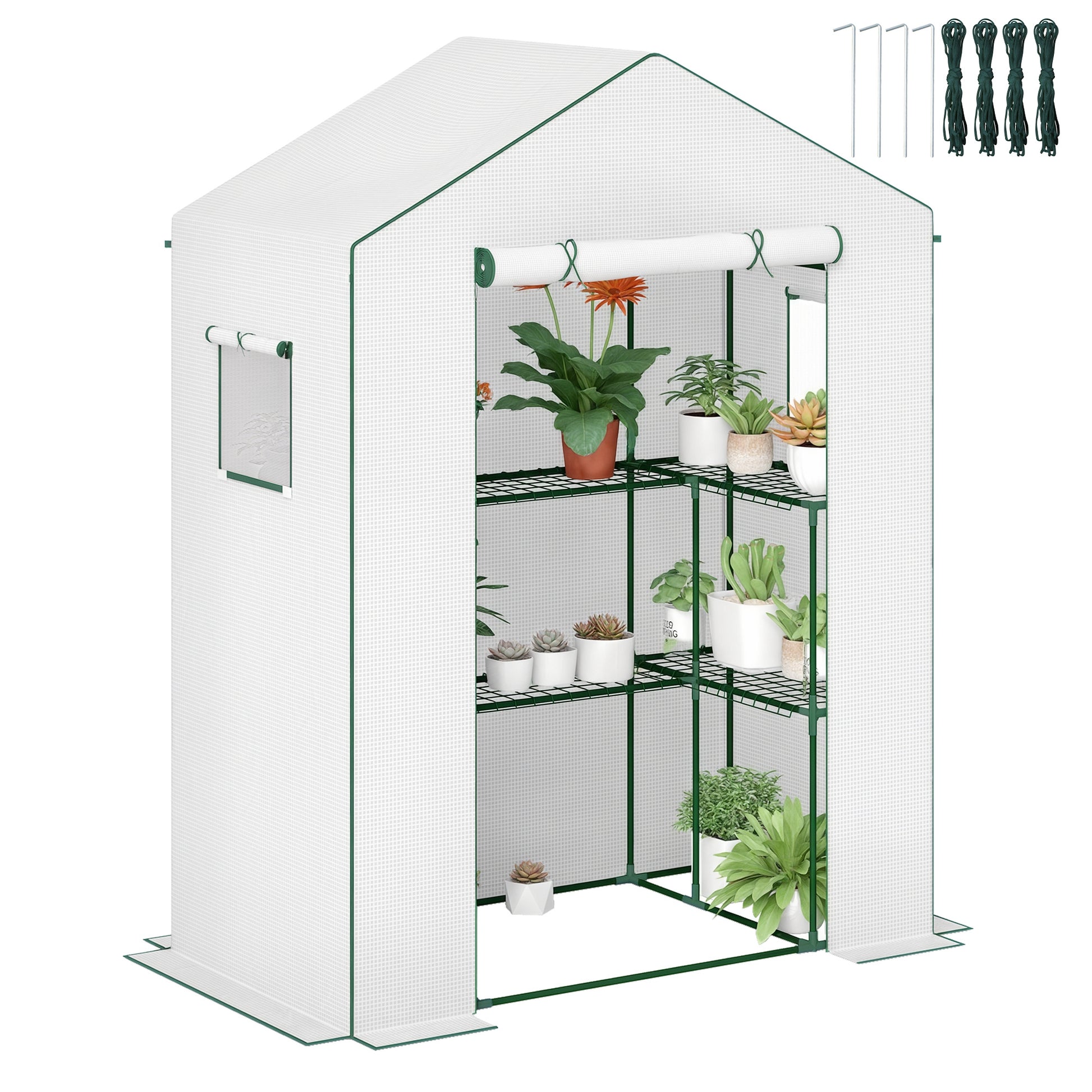 Outsunny Invernadero de Exterior de 3 Niveles Invernadero de Jardín con Puerta Enrollable 2 Ventanas Estantes en Forma de U para Cultivo de Plantas en Terraza Patio 140x73x190 cm Blanco
