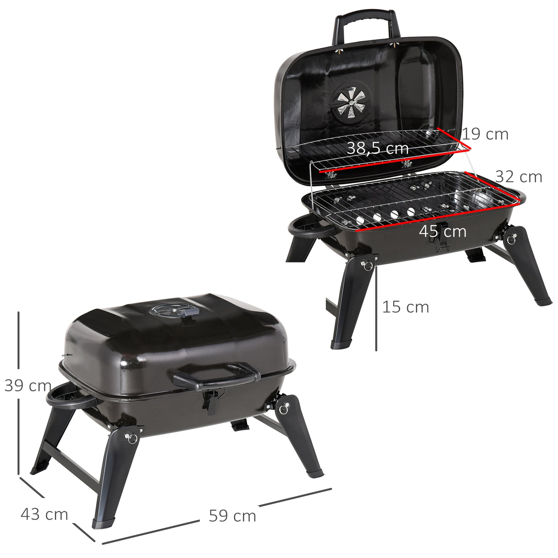 Outsunny Barbacoa de Carbón Portátil al Aire Libre Parrilla de Carbón Plegable Barbacoa de BBQ Vegetal Tamaño Compacto Facil Llevar para Exterior Acampada 59x43x39cm