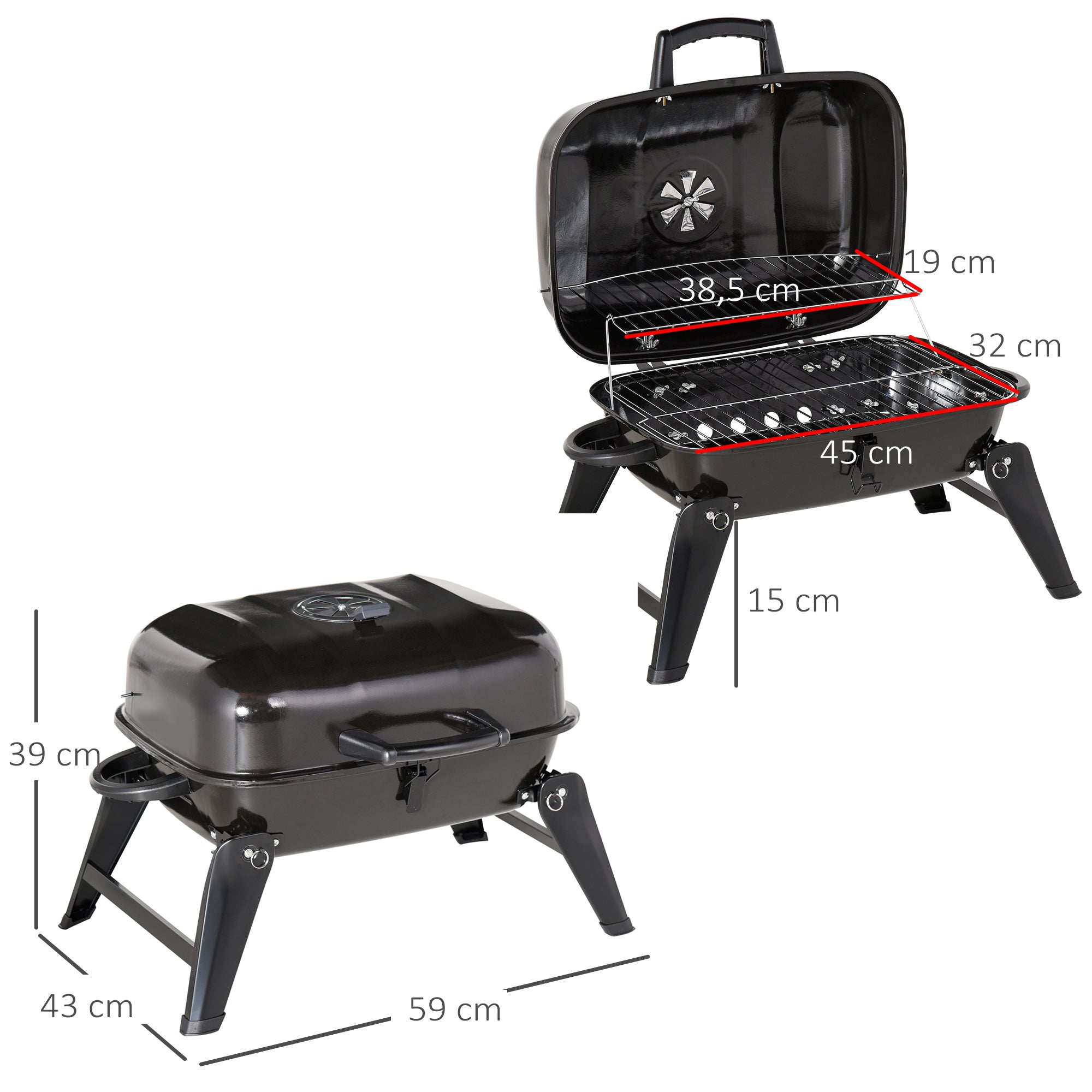Outsunny Barbacoa de Carbón Portátil al Aire Libre Parrilla de Carbón Plegable Barbacoa de BBQ Vegetal Tamaño Compacto Facil Llevar para Exterior Acampada 59x43x39cm
