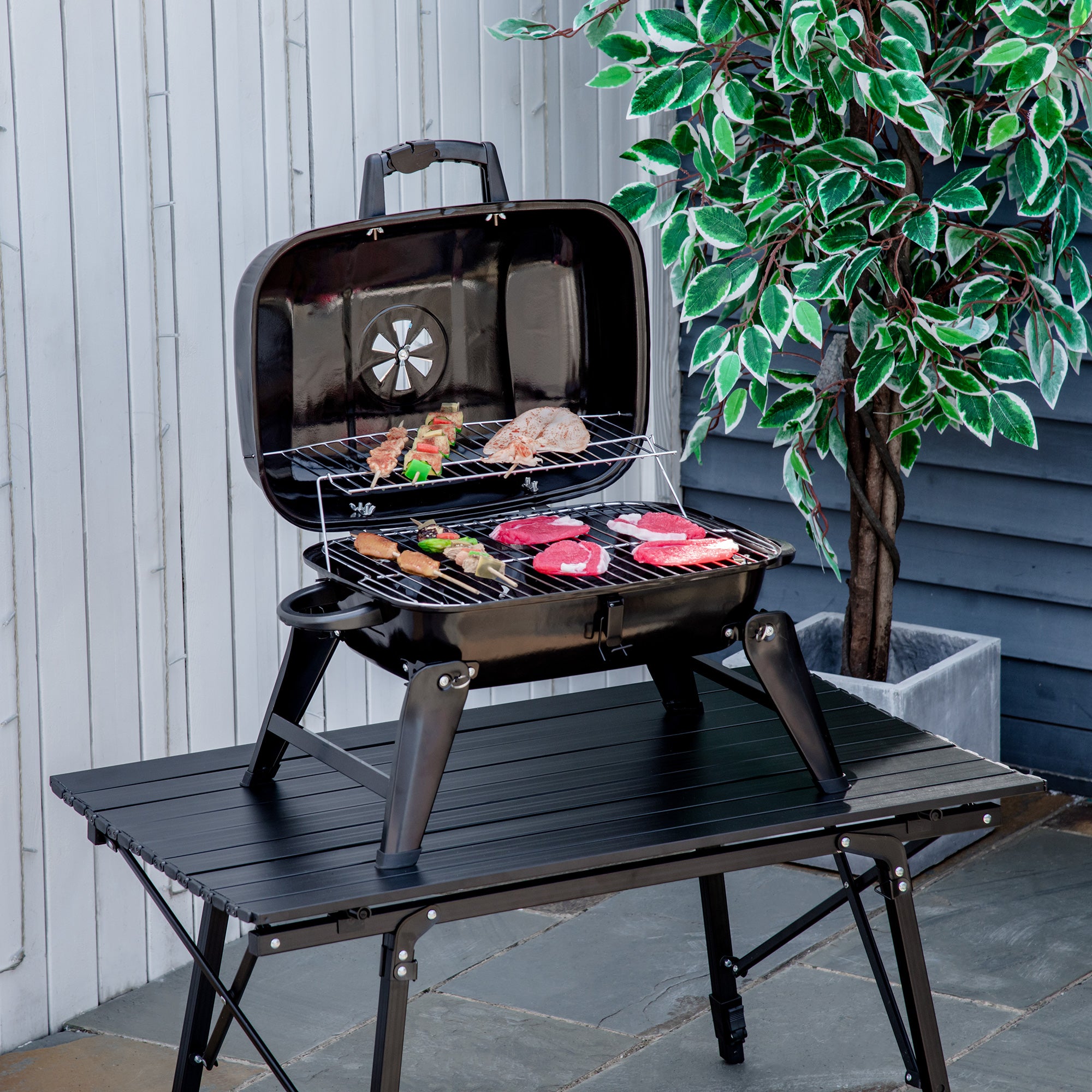 Outsunny Barbacoa de Carbón Portátil al Aire Libre Parrilla de Carbón Plegable Barbacoa de BBQ Vegetal Tamaño Compacto Facil Llevar para Exterior Acampada 59x43x39cm