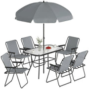 Outsunny Conjunto de Mesa y Sillas Jardín de 8 Piezas, Muebles de Jardín Exterior con Sombrilla, 6 Sillas Plegables, Mesa de Vidrio Templado, para Terraza, Patio, Gris