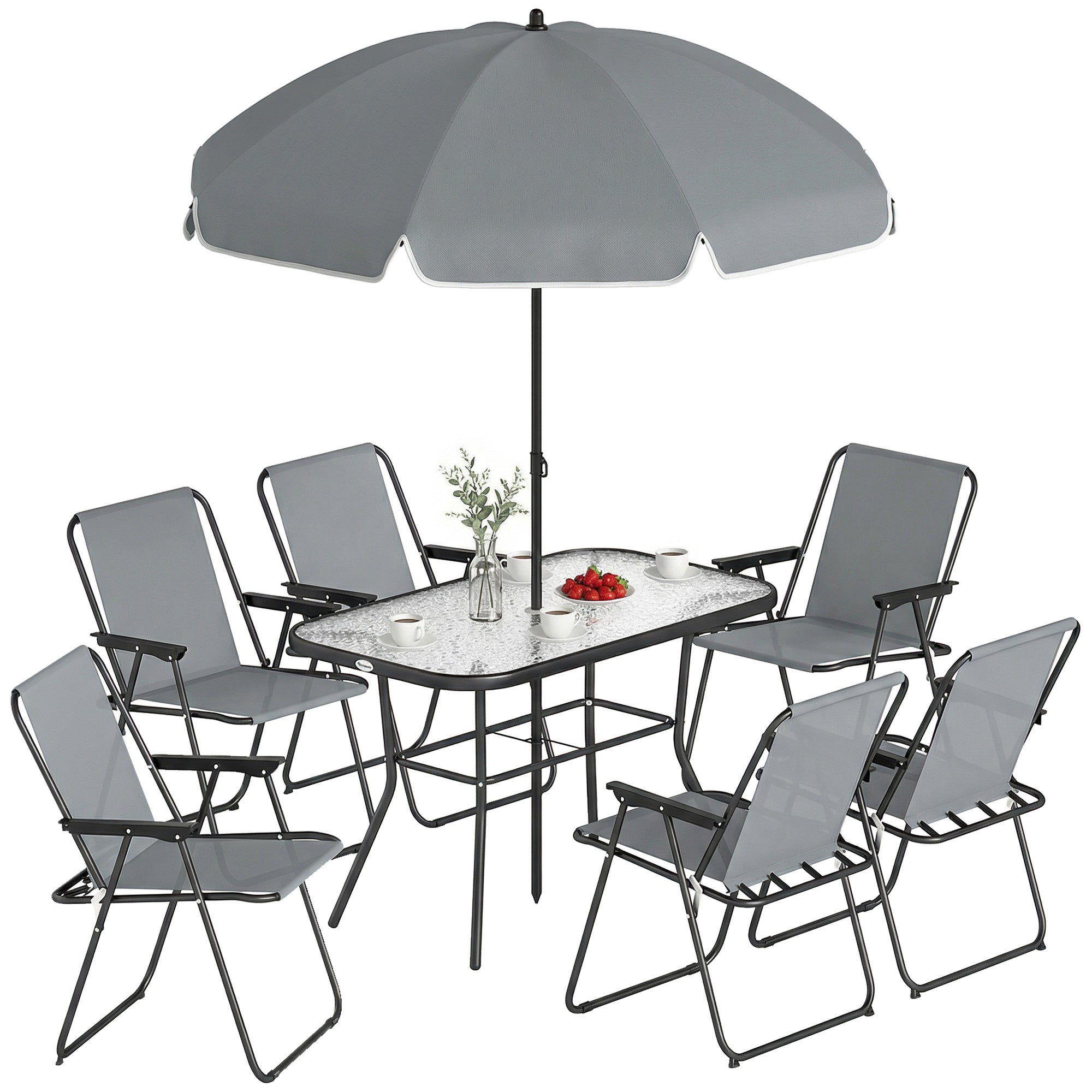 Outsunny Conjunto de Mesa y Sillas Jardín de 8 Piezas, Muebles de Jardín Exterior con Sombrilla, 6 Sillas Plegables, Mesa de Vidrio Templado, para Terraza, Patio, Gris