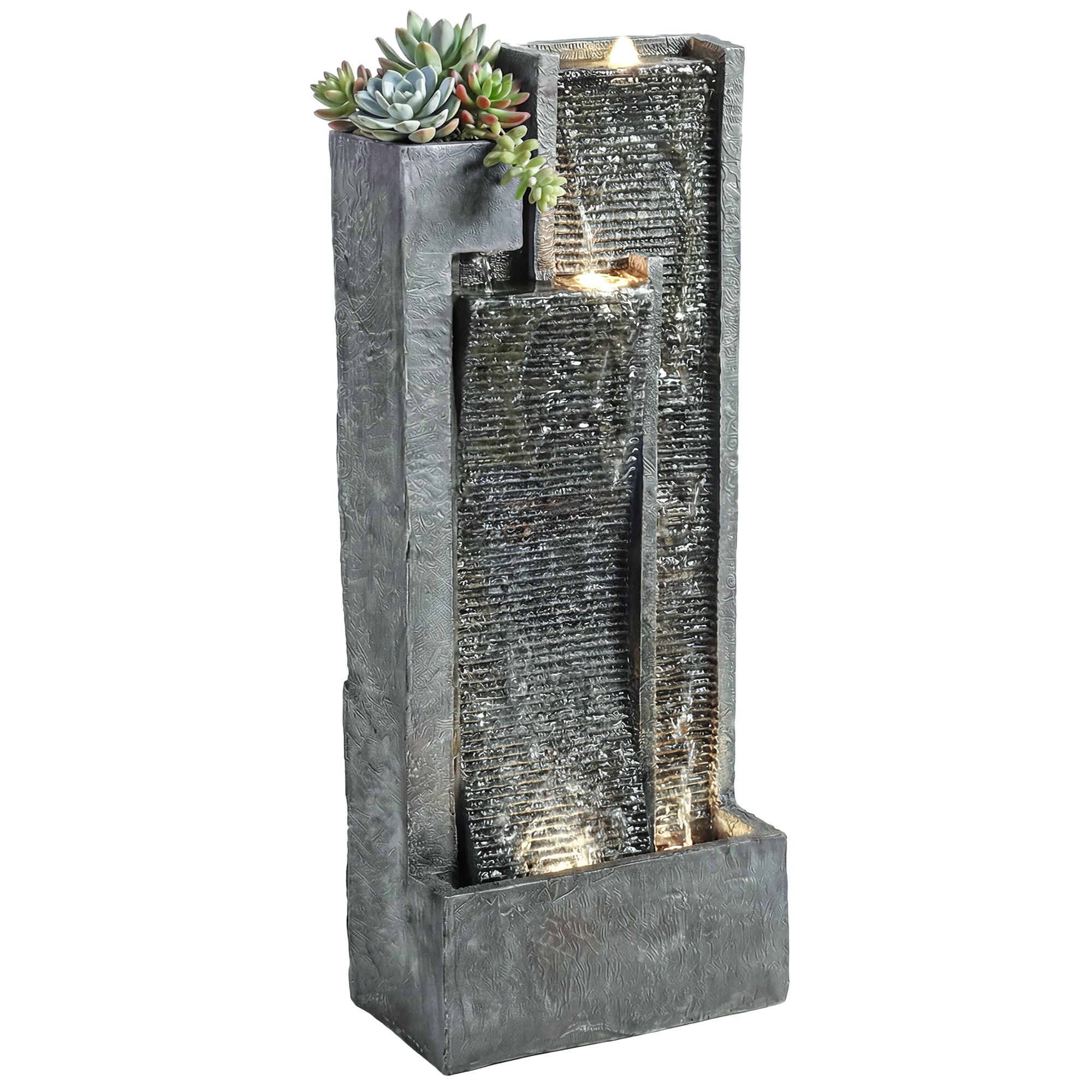 Outsunny Fuente de Agua Decorativa con Iluminación LED y Maceta, Fuente de Jardín Exteror en Cascada de 3 Niveles, con Bomba, Resistente a la intemperie, para Jardín, Patio, 38x19x101 cm, Gris Oscuro