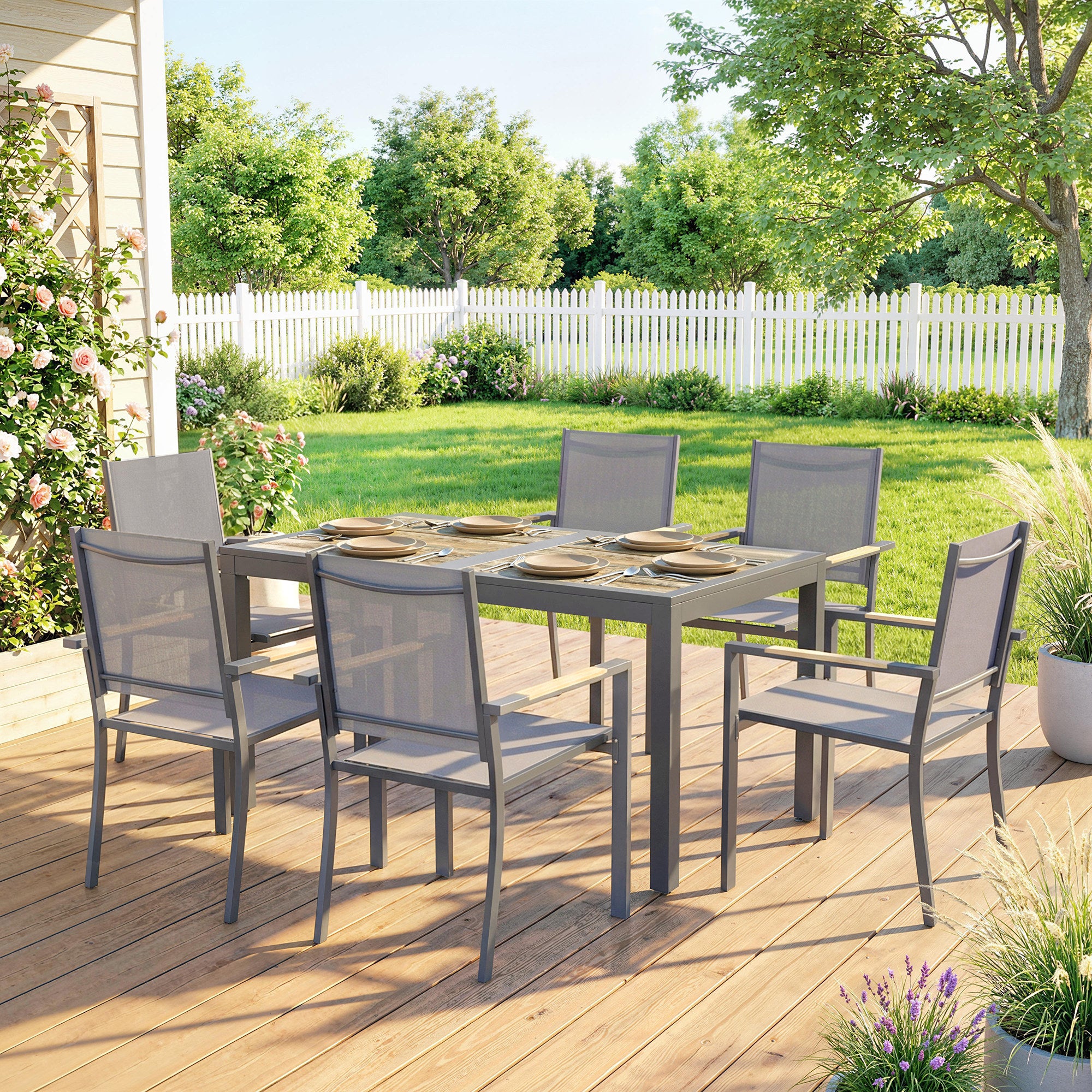 Outsunny Conjunto de Mesa y Sillas Jardín de 7 Piezas, Muebles Jardín Exterior con Mesa de Plástico PSPC, 6 Sillas Apilables Transpirables, Marco de Acero Resistente a la Intemperie, Gris Oscuro