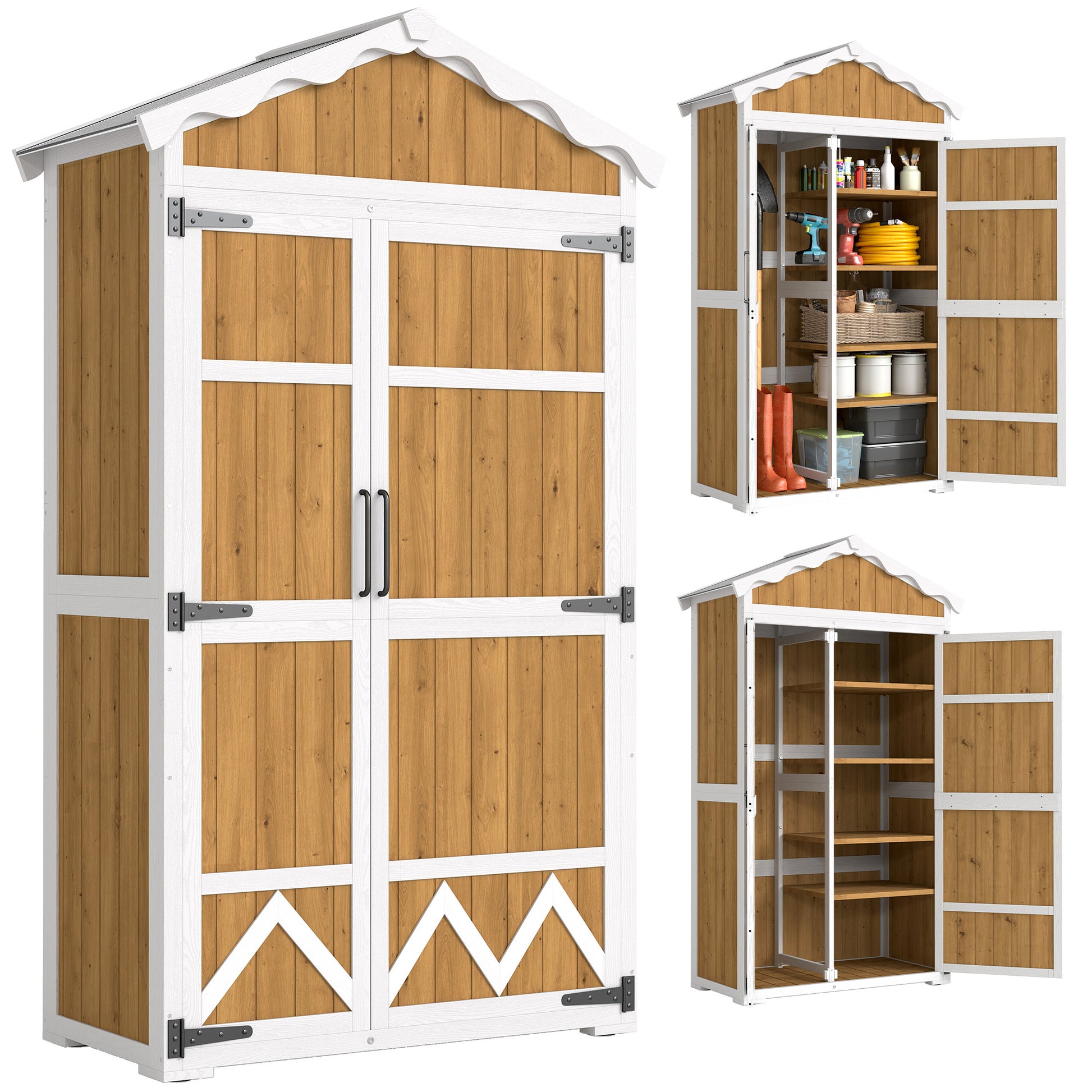 Outsunny Caseta de Jardín de Madera 105x55x179 cm Cobertizo Jardín Exterior Impermeable Armario Exterior Herramientas con Puertas 4 Estantes Extraíbles Techo Metal Galvanizado Pies Ajustables Natural