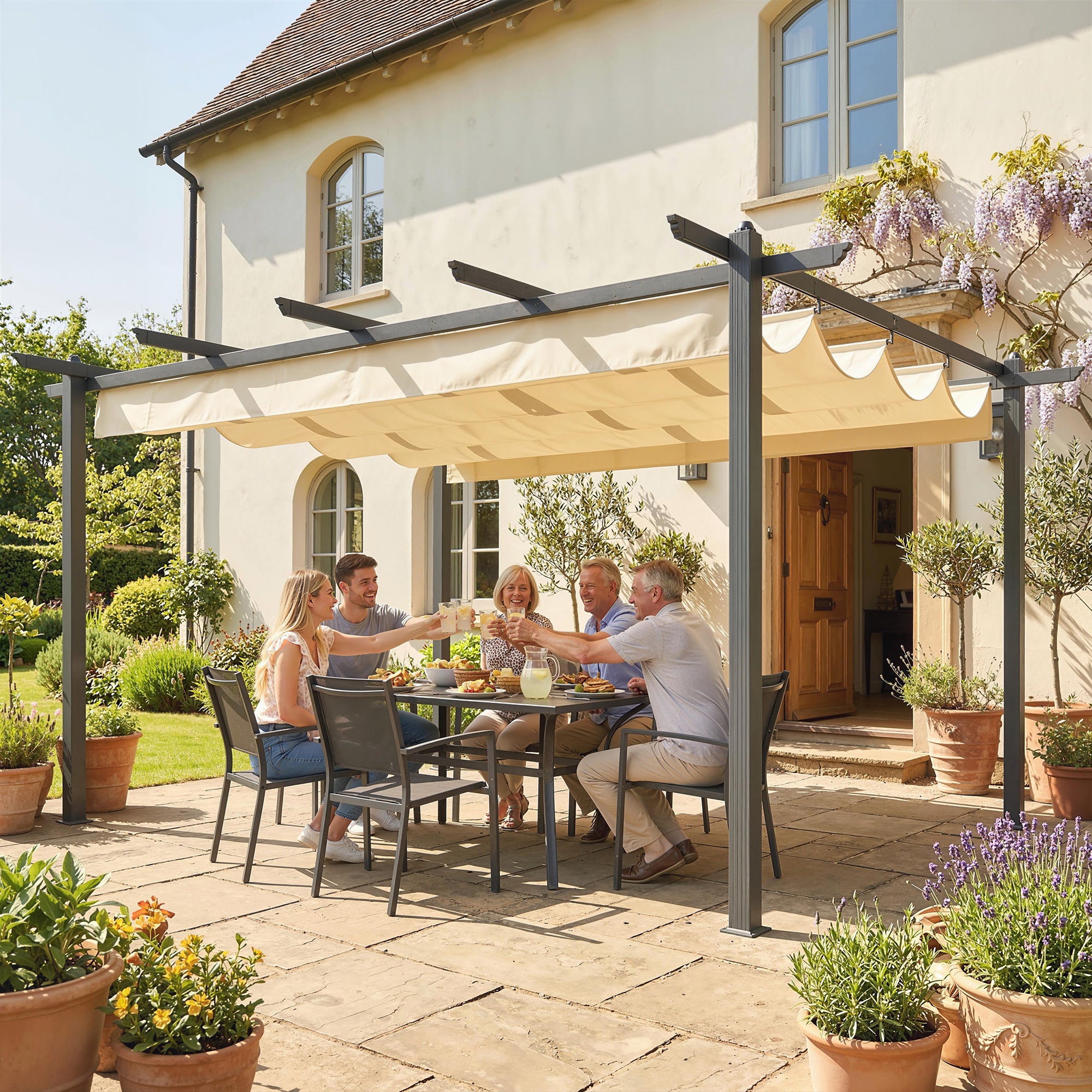 Outsunny Pérgola de Jardín 4x3 m con Techo Retráctil, Cenador de Jardín con Estructura de Aluminio, UPF30+, Orificios de Drenaje, Pabellón para Exterior, Patio, Terraza, Crema