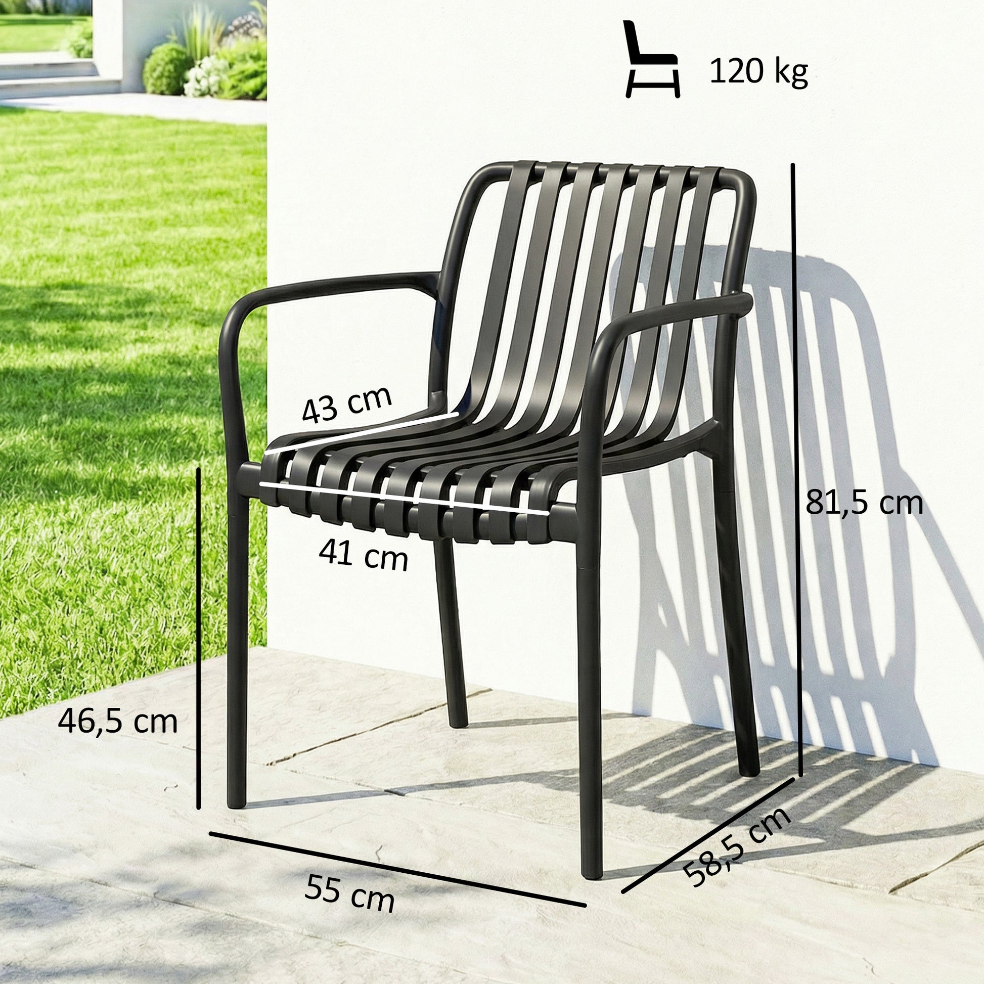 Outsunny Juego de 4 Sillas de Jardín Exterior Apilables, Sillas Terraza Exterior de PP con Respaldo Curvado, Asiento de Listones, Reposabrazos, 55x58,5x81,5 cm, Negro